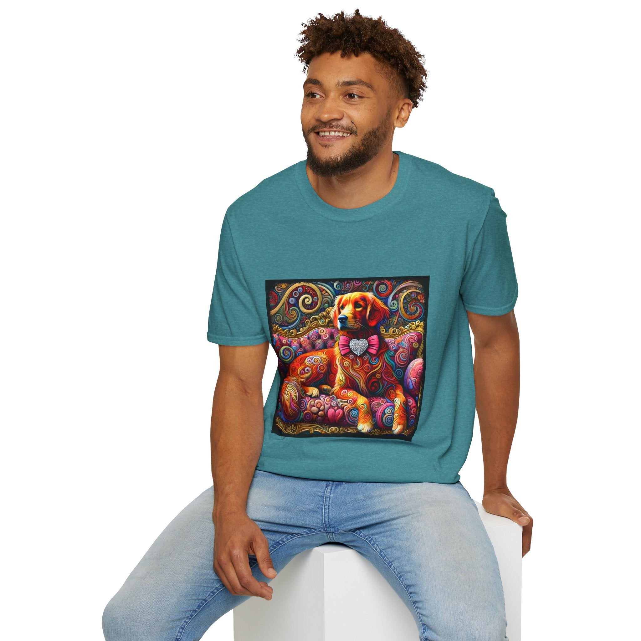 Male model in teal dog t-shirt with golden retriever in pink bow on vibrant swirl settee with heart details.
