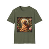 Military green dog t-shirt featuring golden retriever lounging under stone arch, surrounded by roses and greenery.