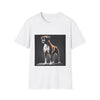 White dog t-shirt featuring standing boxer on platform with black background and dramatic lighting.