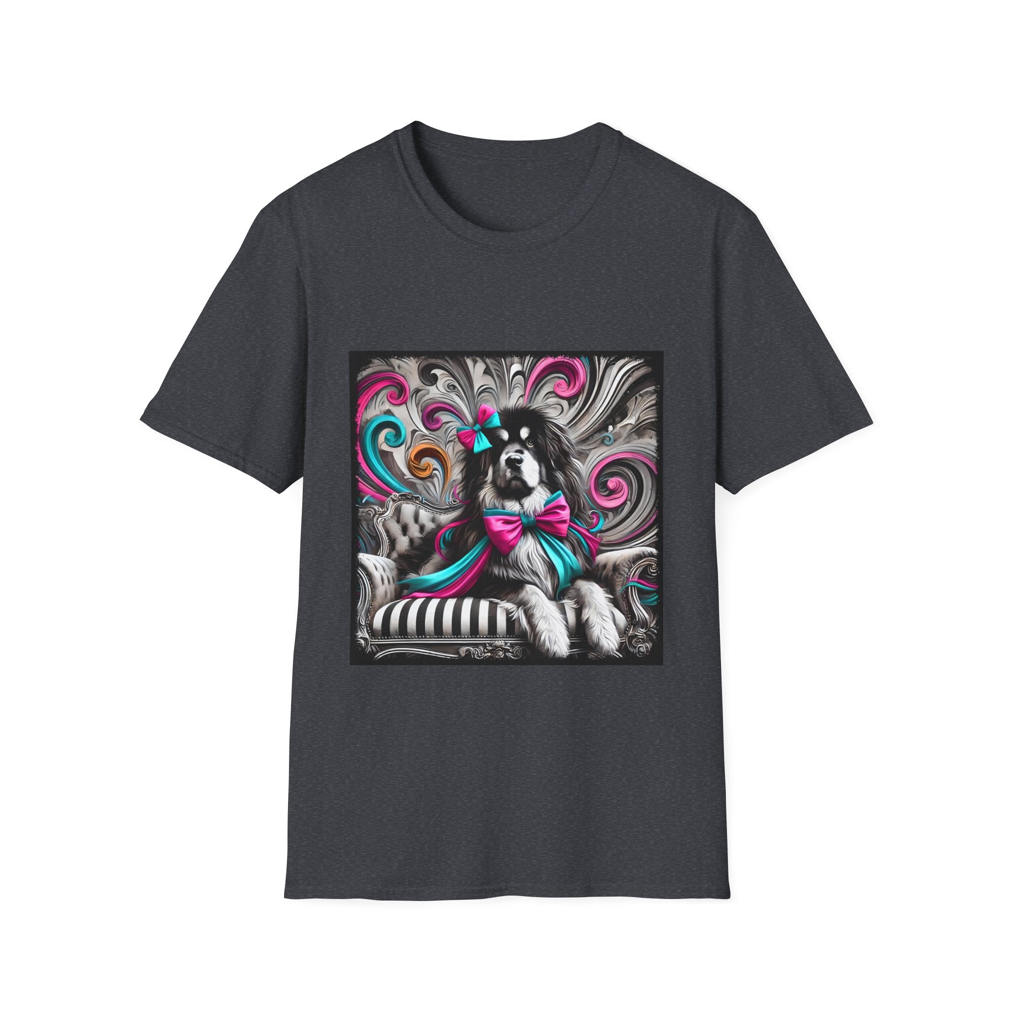 Tibetan Mastiff B&W Pink and Teal Bow | Unisex Dog T-Shirt