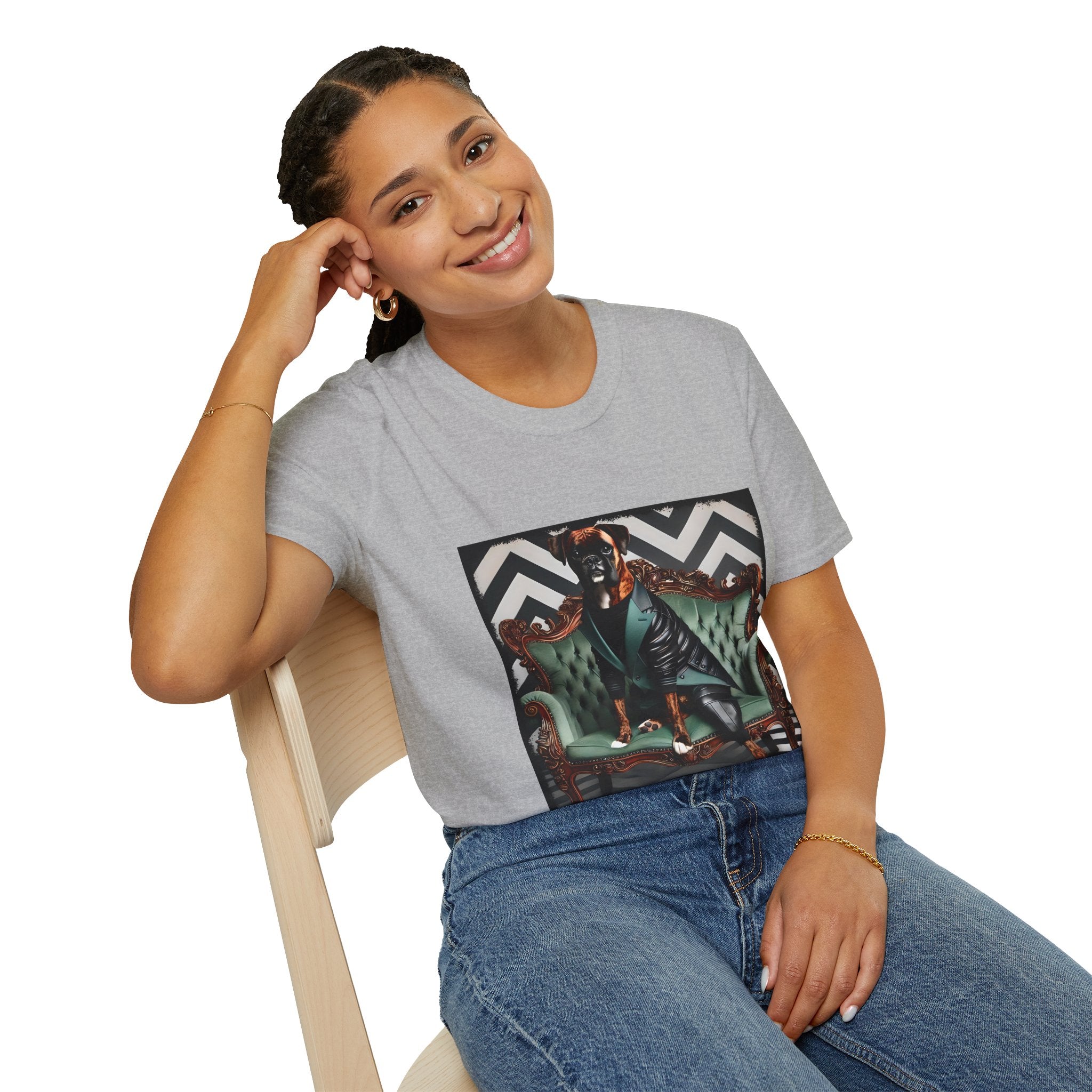 Female model in sport gray dog t-shirt featuring a brindle boxer in leather jacket on green settee with chevron wall backdrop.