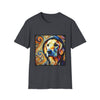 Dark heather gray dog t-shirt with golden retriever in hoodie, swirled background in orange, yellow, and teal tones.