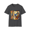 Dark heather dog t-shirt featuring smiling golden retriever portrait with bold swirls in orange, gold, and blue.