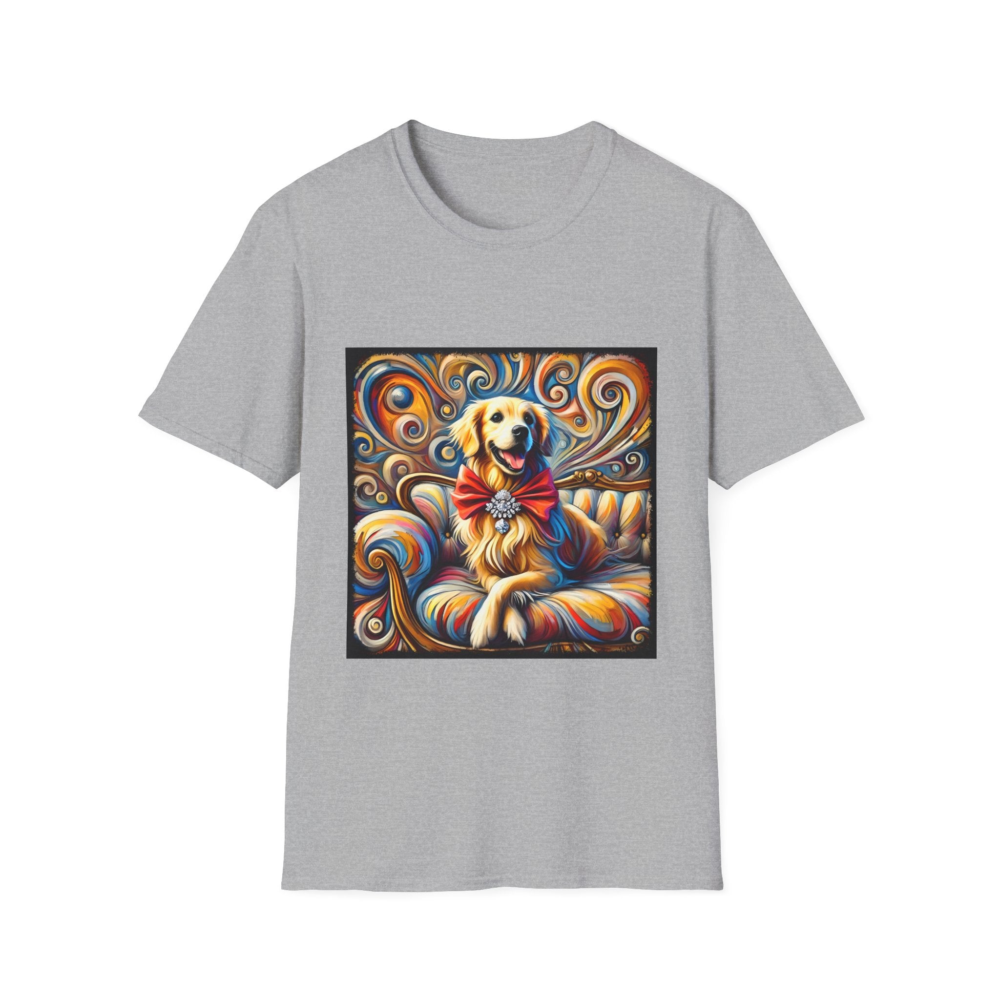 Sport gray dog t-shirt featuring golden retriever with red bow on colorful swirl settee background.