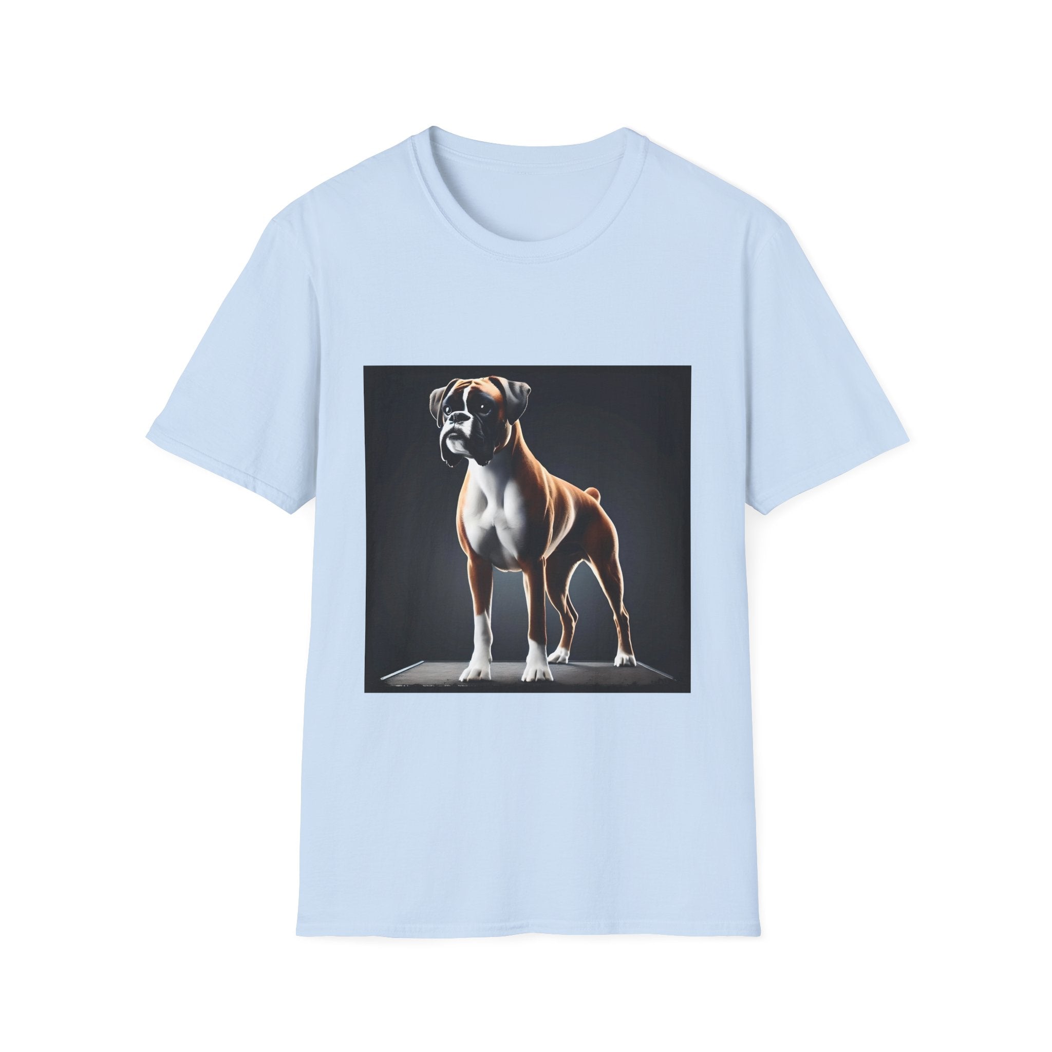 Light blue dog t-shirt featuring standing boxer on platform with black background and dramatic lighting.