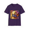 Purple dog t-shirt featuring golden retriever with pink bow on head, set against vivid painterly swirls.