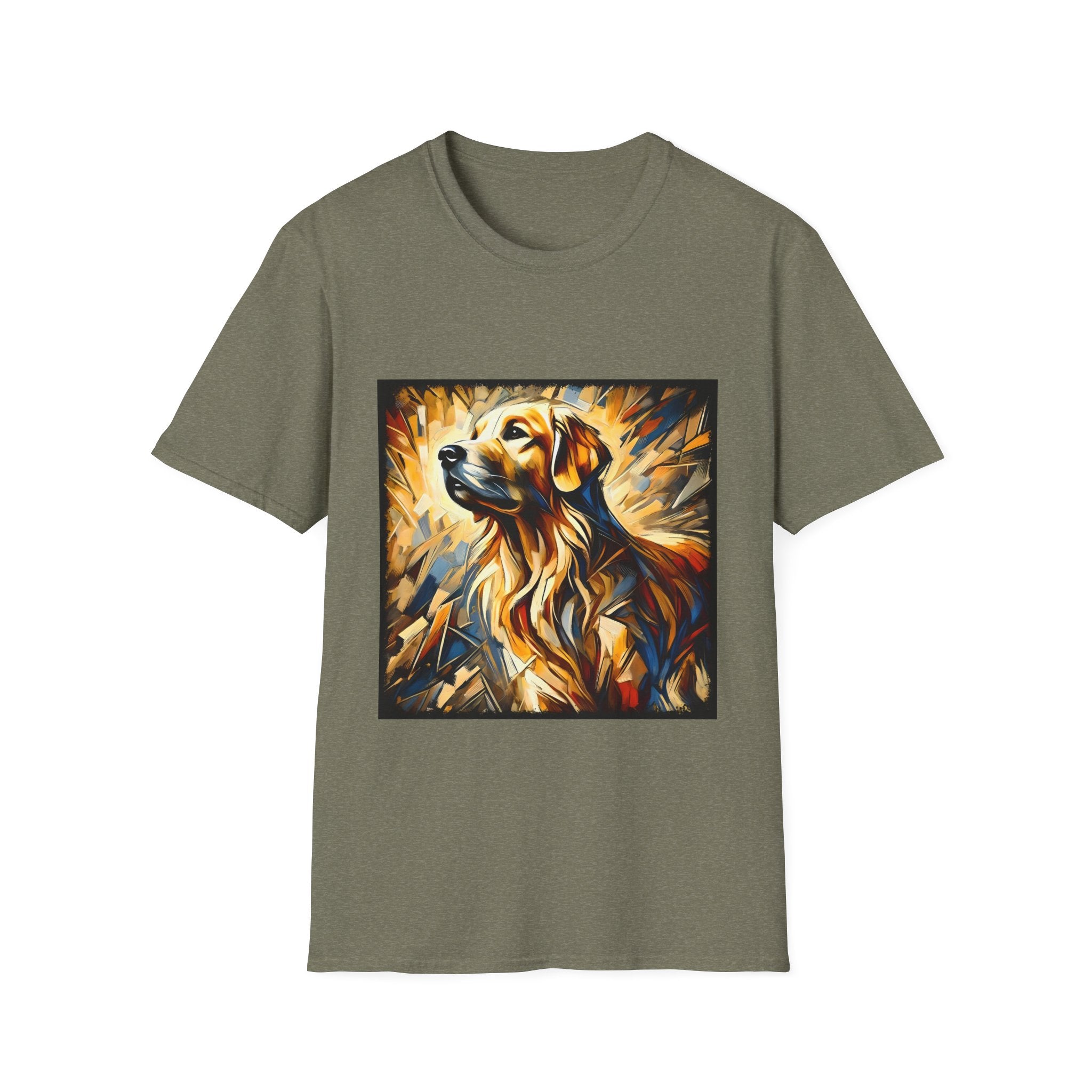 Heather military green dog t-shirt featuring golden retriever portrait with fiery gold, blue, and amber abstract swirls.