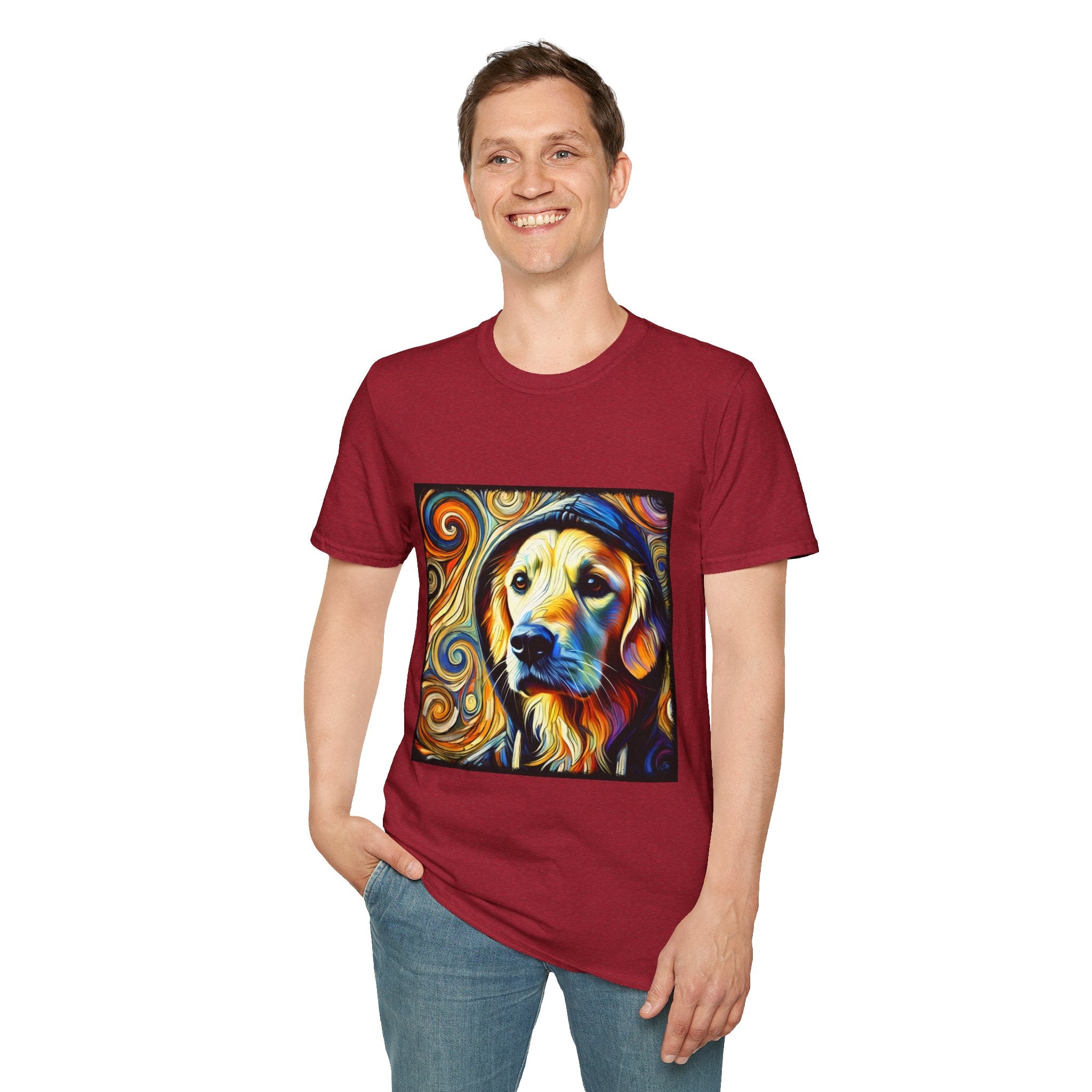 Male standing in antique cherry red dog t-shirt with golden retriever in hoodie, swirled background in orange, yellow, and teal tones.