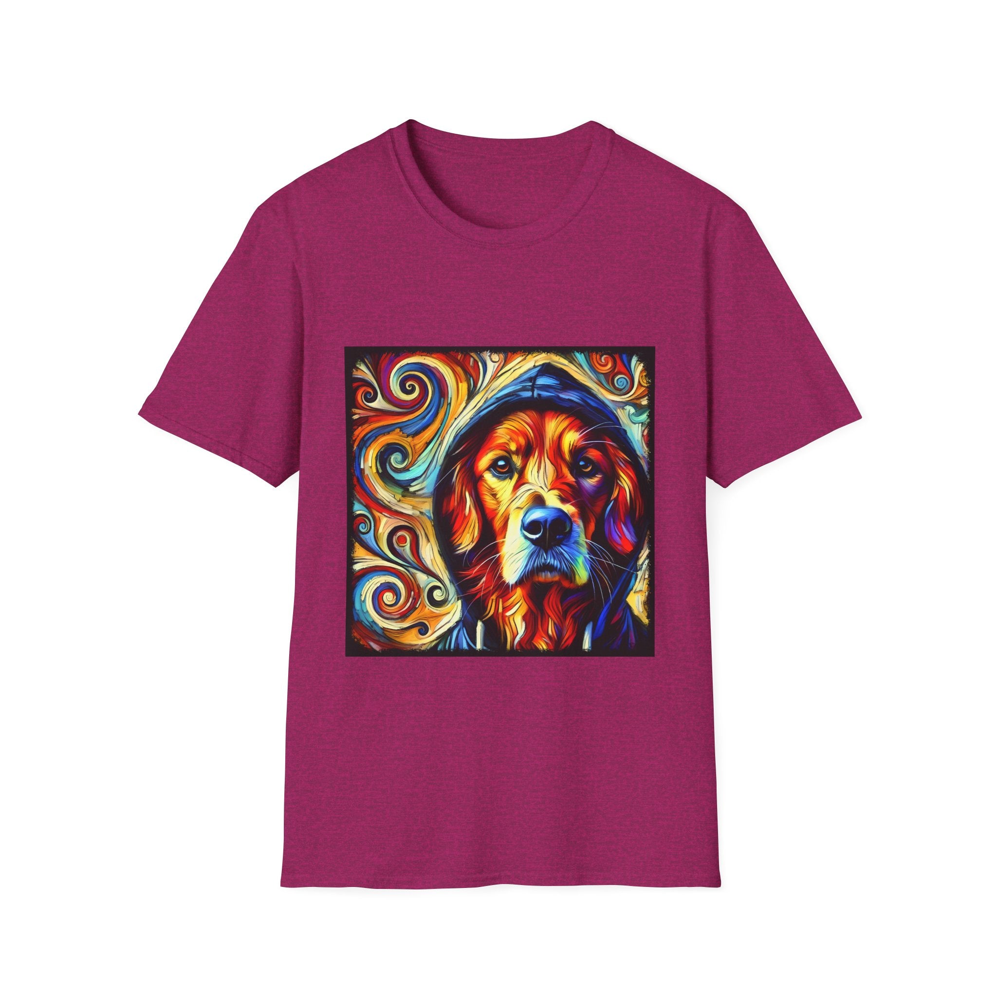 Heather raspberry dog t-shirt with golden retriever in blue hoodie, bold swirls in red, orange, and teal behind.