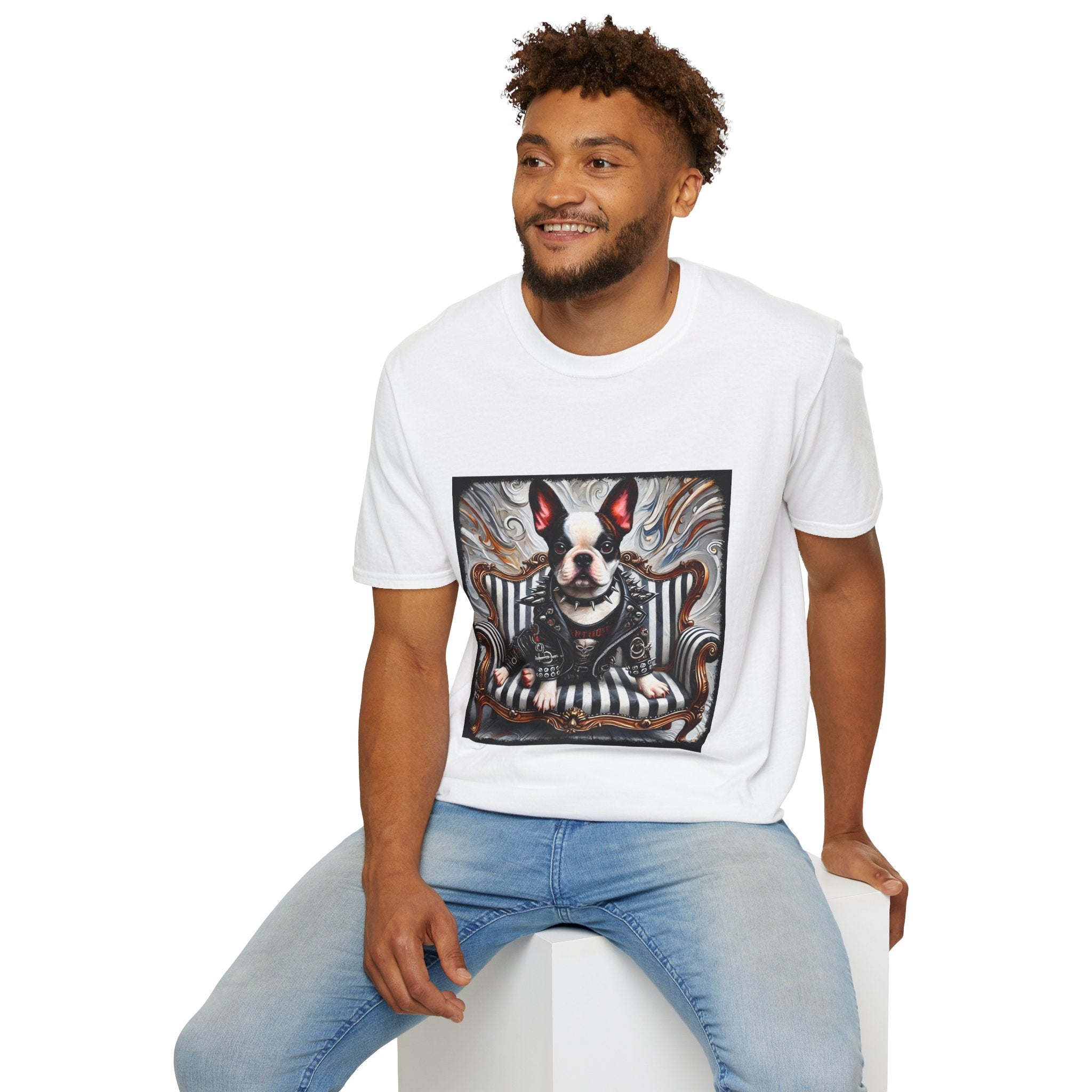 Male model in white dog t-shirt featuring Boston Terrier in leather studded jacket on striped chair with metallic swirl background.