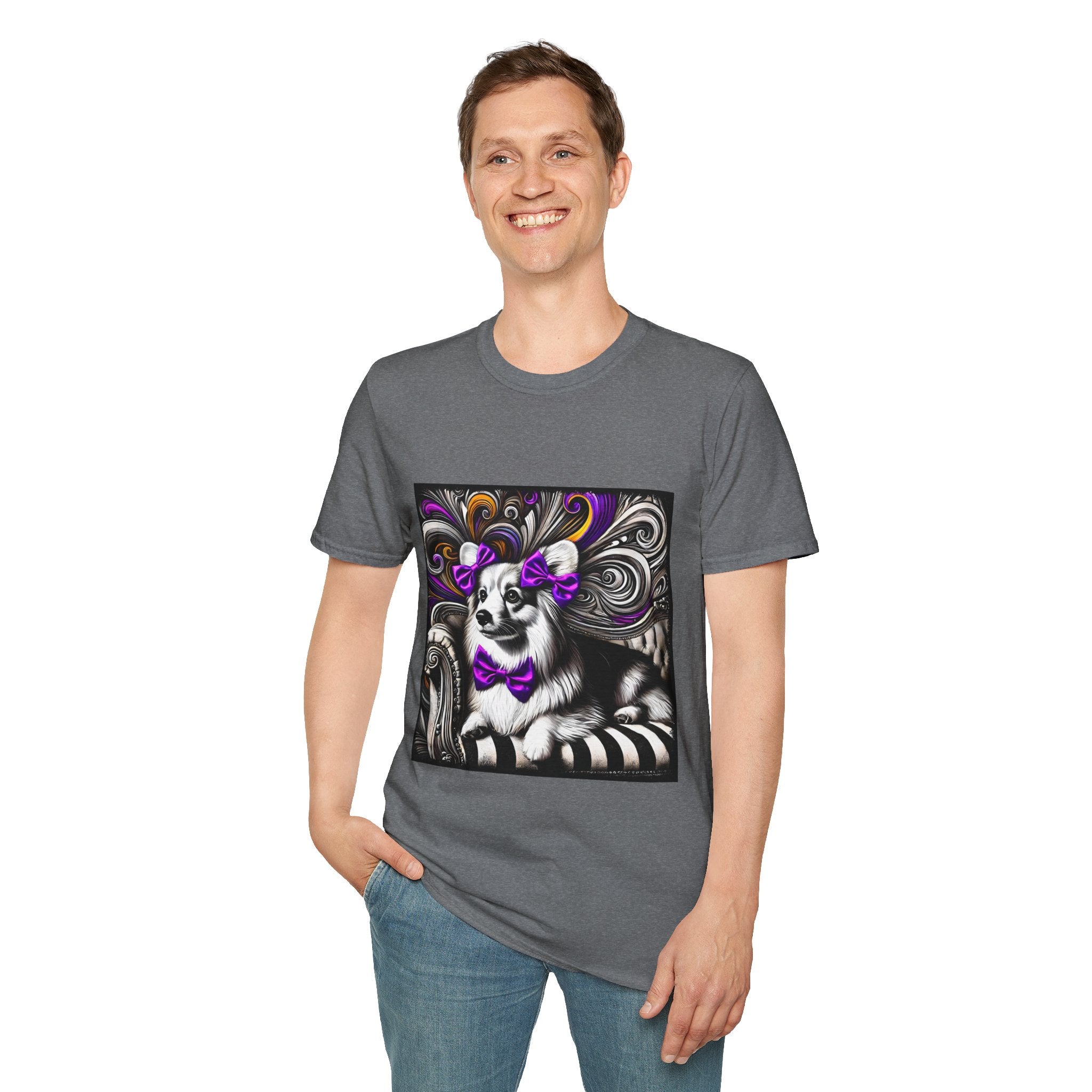 Pembroke Welsh Corgi B&W Purple Bow | Unisex Dog T-Shirt