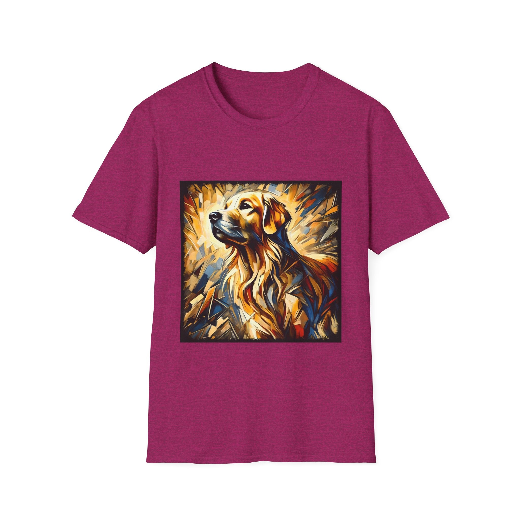 Heather berry dog t-shirt featuring golden retriever portrait with fiery gold, blue, and amber abstract swirls.