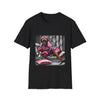 Black dog t-shirt featuring boxer in pink bow and pleated pink coat lounging on silver settee.