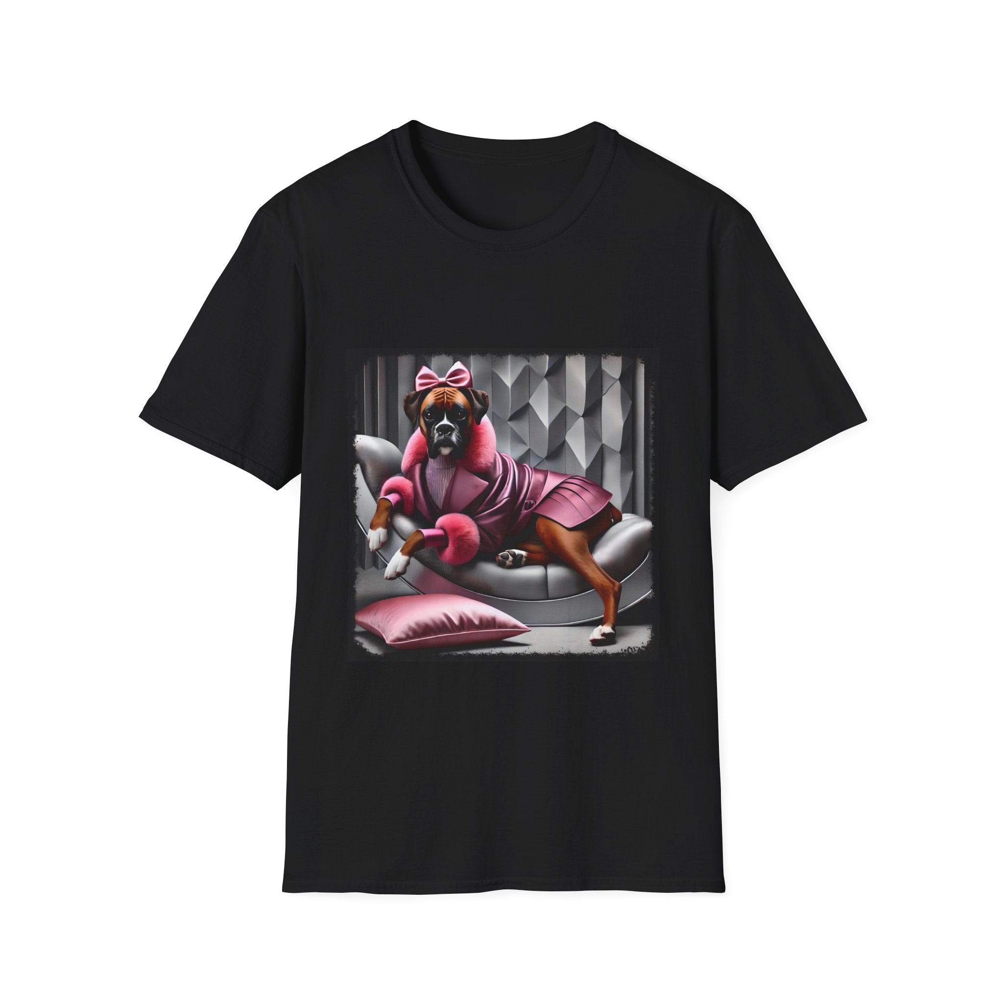 Black dog t-shirt featuring boxer in pink bow and pleated pink coat lounging on silver settee.