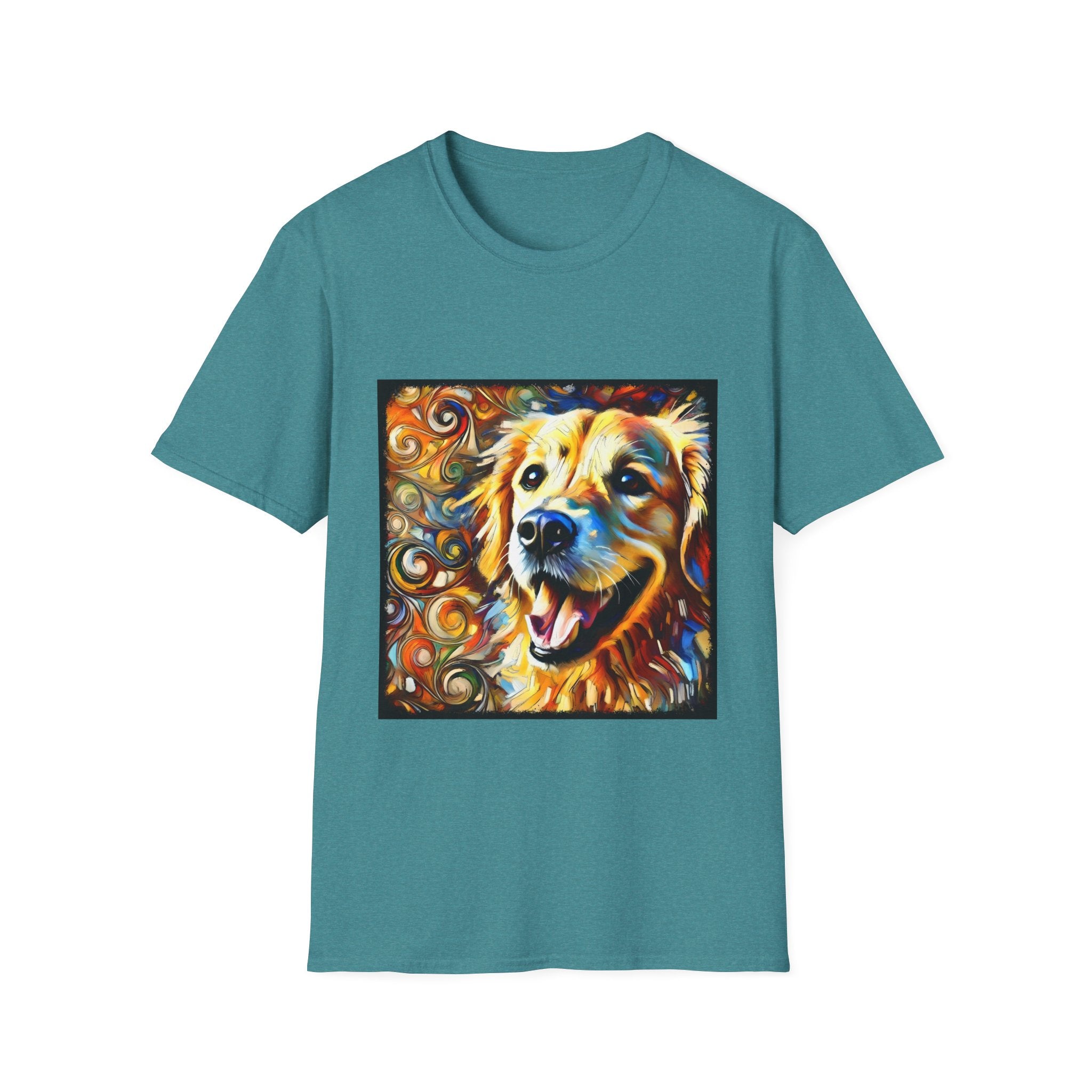 Teal dog t-shirt featuring smiling golden retriever portrait with bold swirls in orange, gold, and blue.