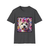 Dark heather dog t-shirt with Westie face, pink bow, and bold brushstroke colors in purple, pink, and gold.
