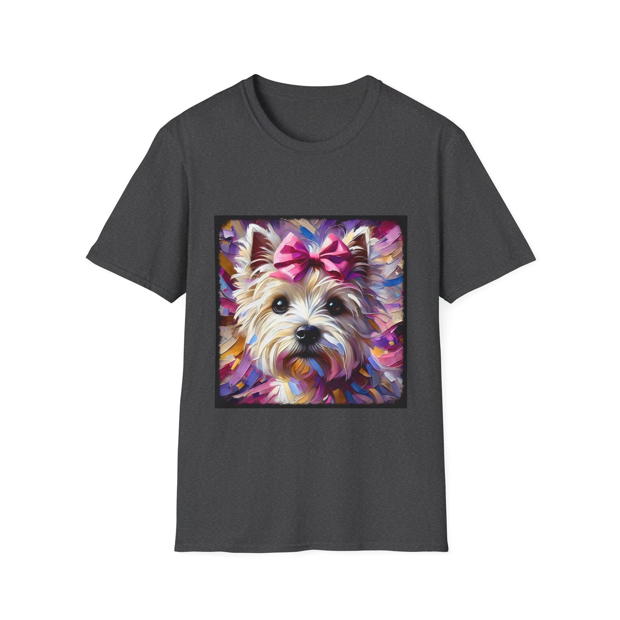 Dark heather dog t-shirt with Westie face, pink bow, and bold brushstroke colors in purple, pink, and gold.