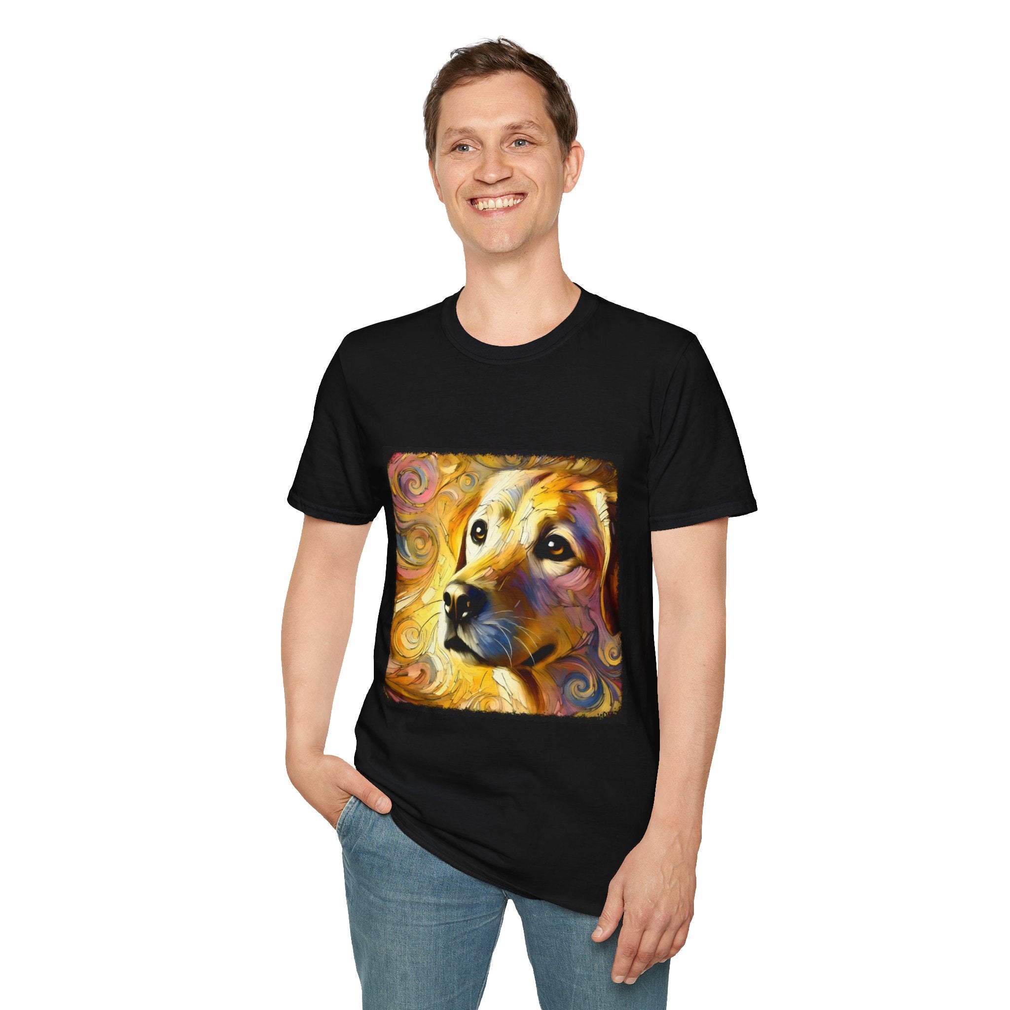 Male model wears black dog t-shirt featuring a golden retriever with swirling brushstroke-style yellow-orange background.