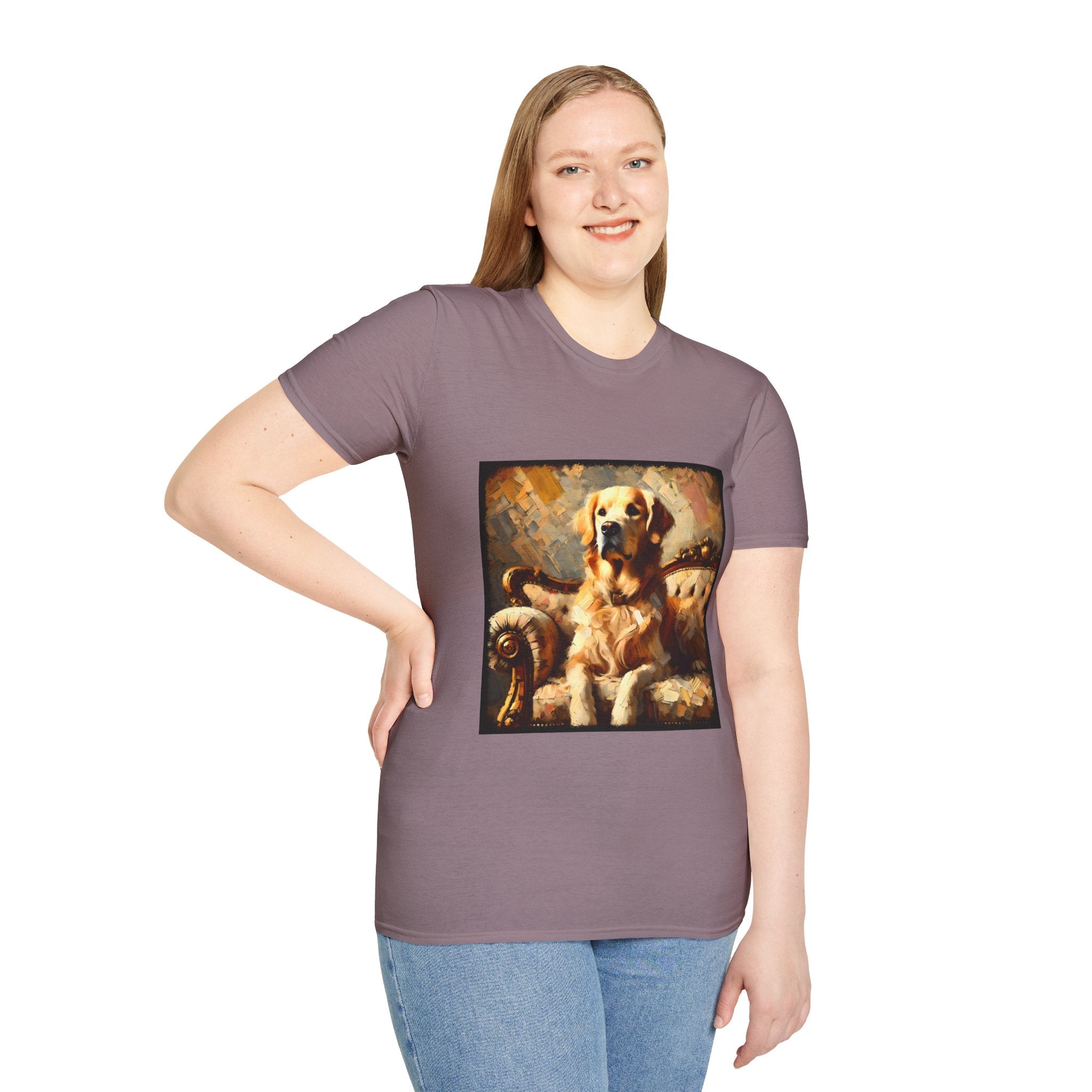 Female model in mauve dog t-shirt with golden retriever on ornate couch, painted in rich textured brushstrokes.