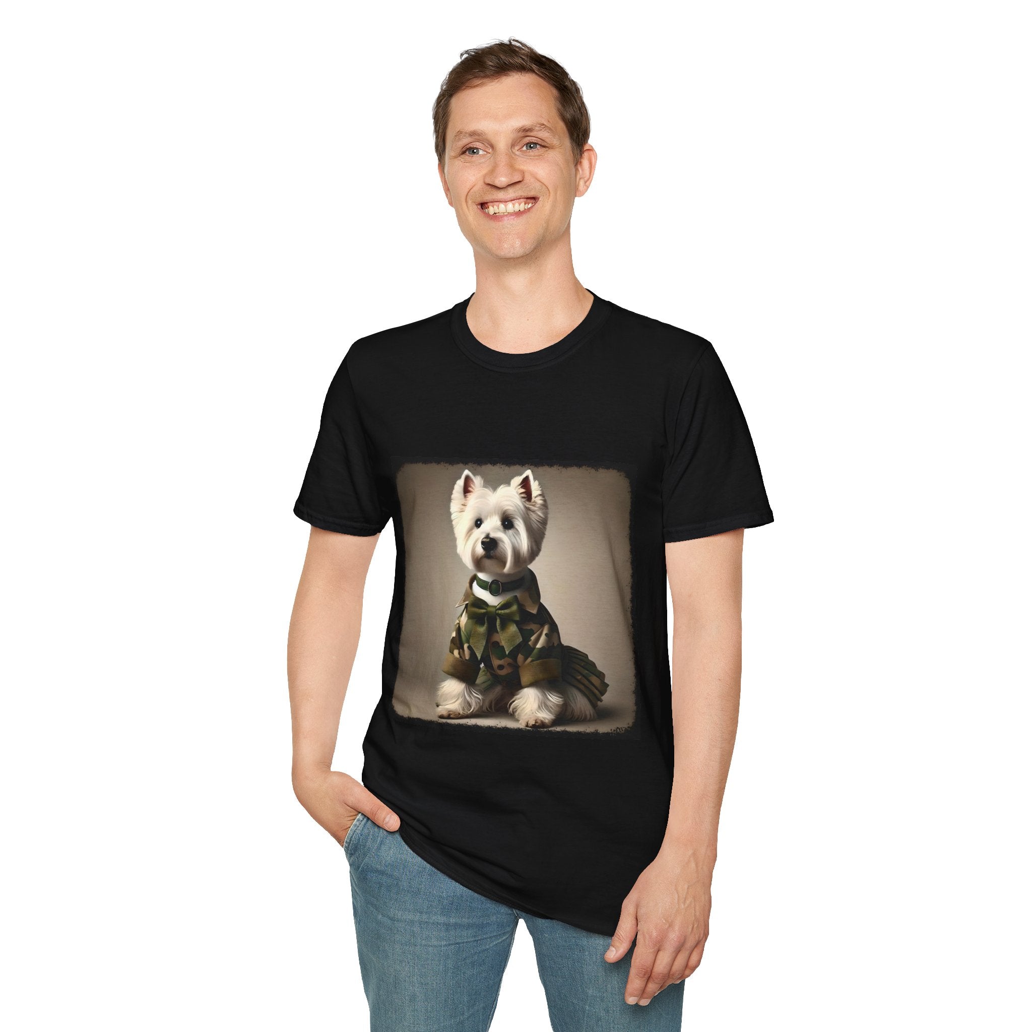 Male model in black dog t-shirt featuring Westie in camouflage jacket and pleated skirt against neutral backdrop.