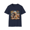 Navy dog t-shirt with golden retriever in crown and jewels on tufted settee, baroque-style backdrop.