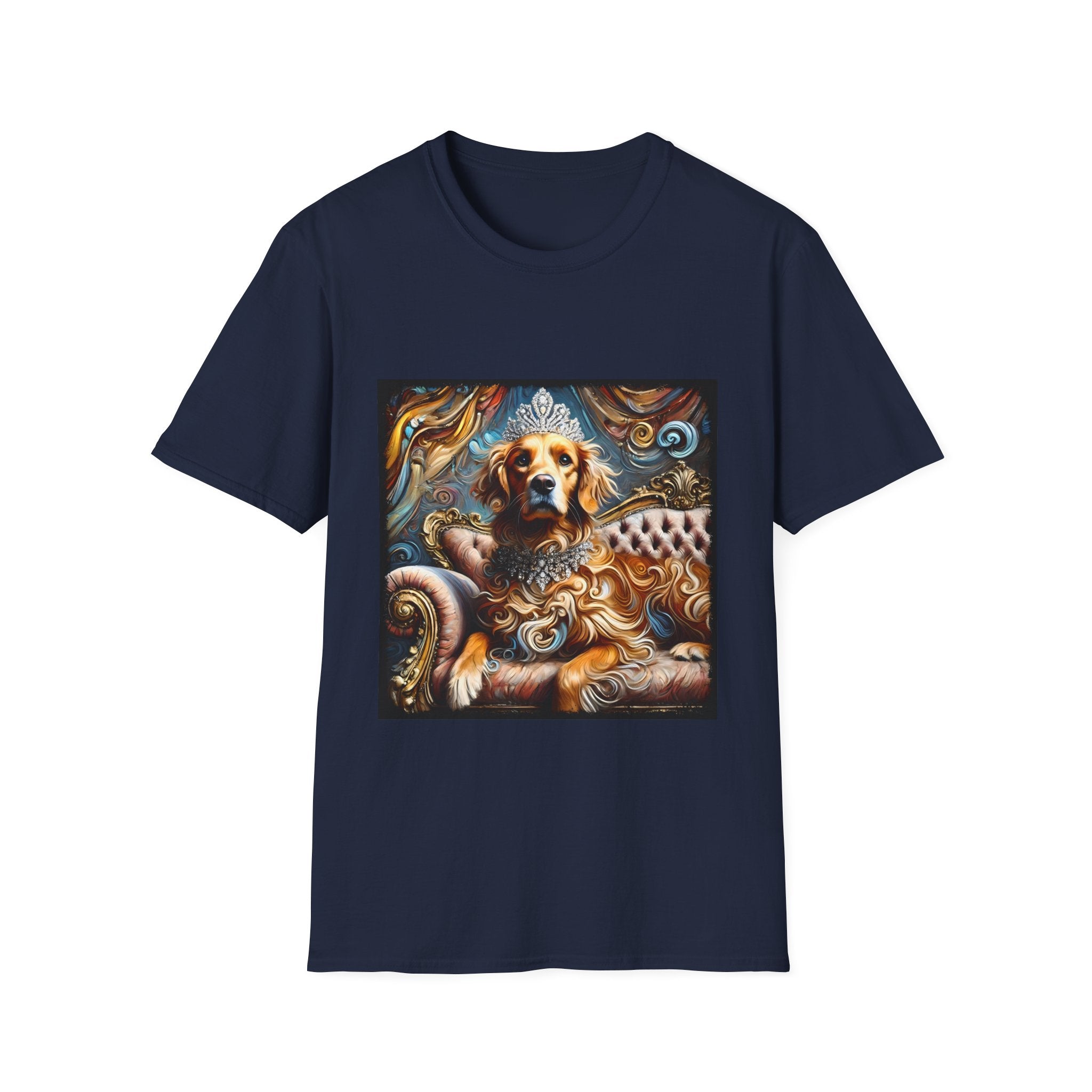 Navy dog t-shirt with golden retriever in crown and jewels on tufted settee, baroque-style backdrop.