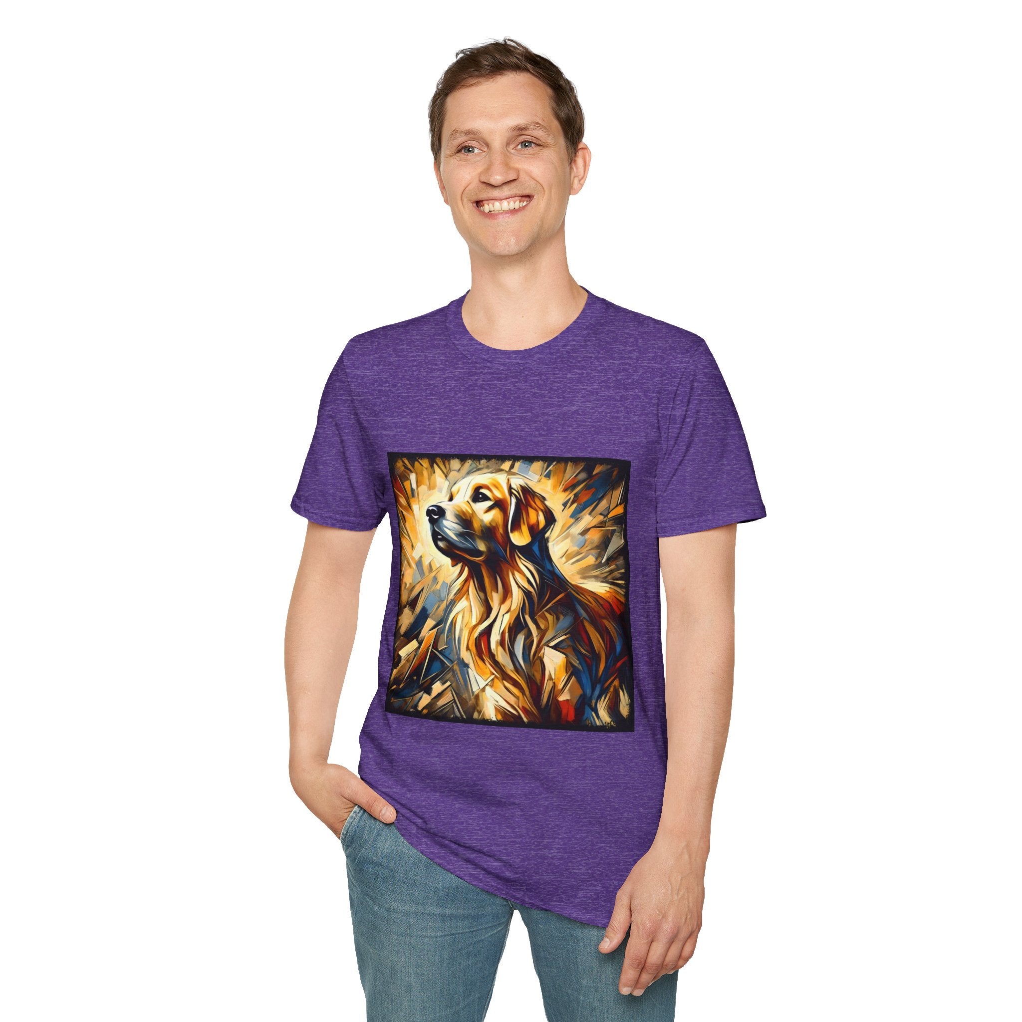 Male model in heather purple dog t-shirt featuring golden retriever portrait with fiery gold, blue, and amber abstract swirls.