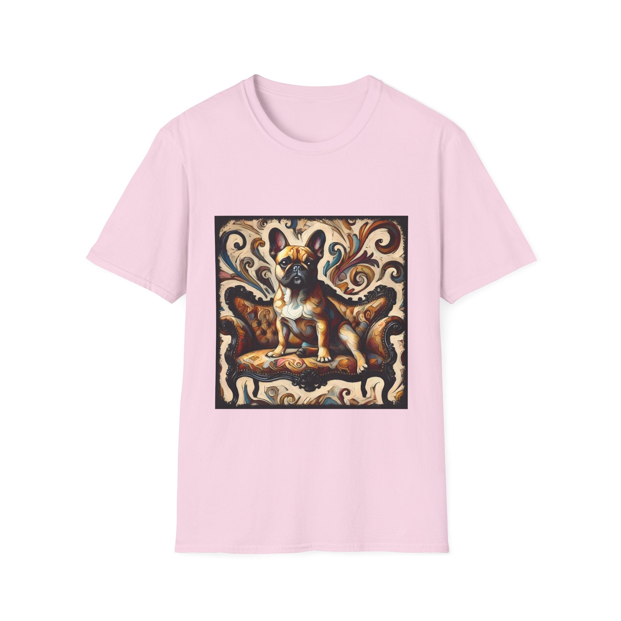 Light pink t-shirt featuring fawn French Bulldog on ornate amber and black settee with rich tan swirl backdrop.