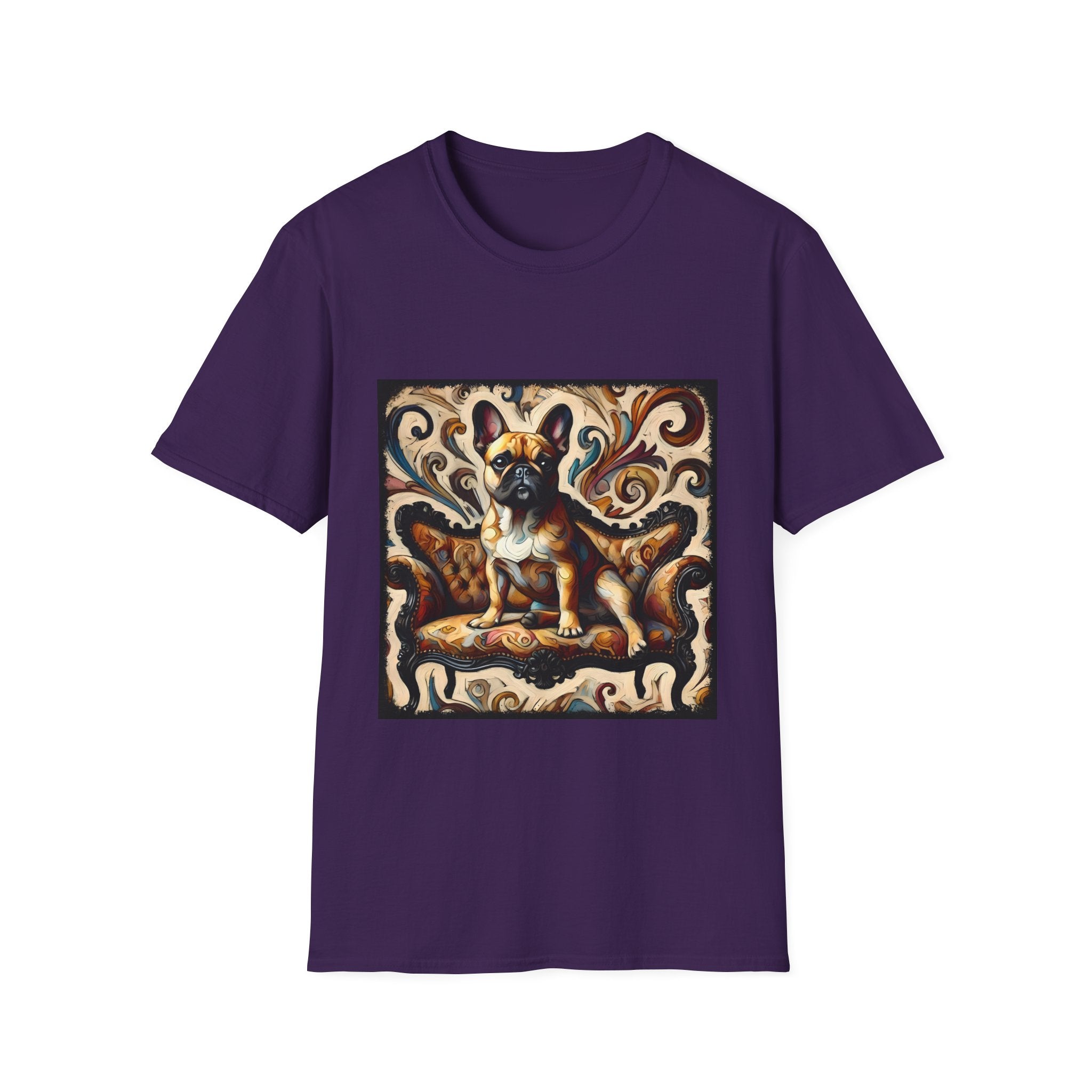 Purple t-shirt featuring fawn French Bulldog on ornate amber and black settee with rich tan swirl backdrop.
