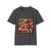 Dark heather dog t-shirt with golden retriever in pink bow on vibrant swirl settee with heart details.