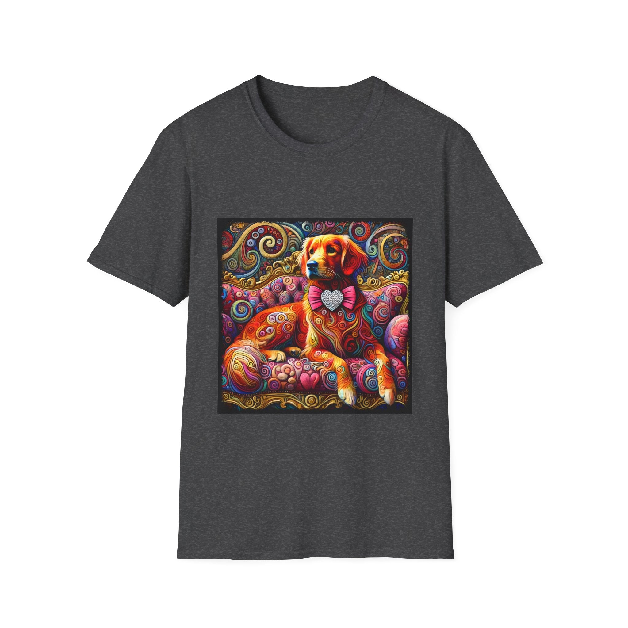 Dark heather dog t-shirt with golden retriever in pink bow on vibrant swirl settee with heart details.