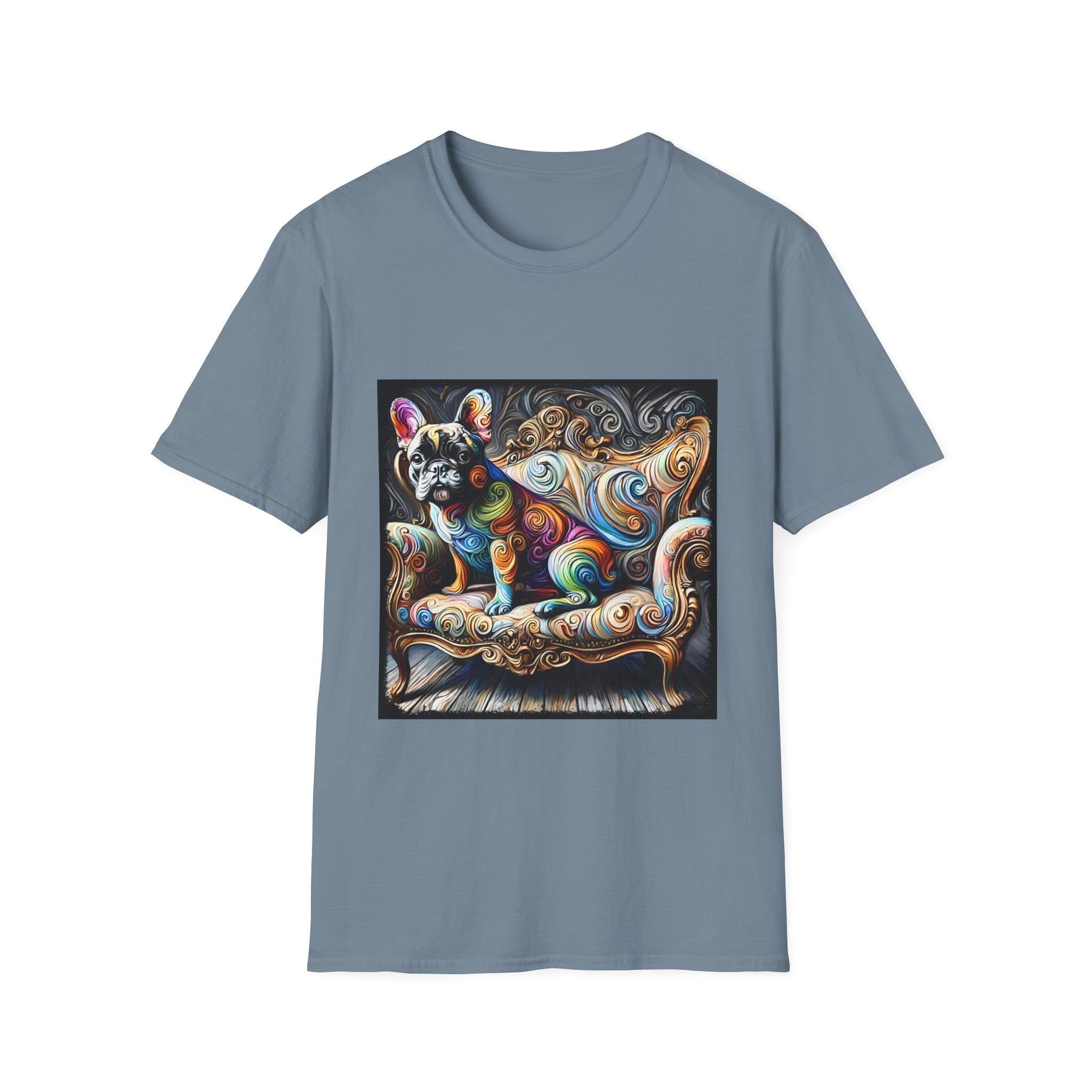 Stone blue t-shirt featuring rainbow French Bulldog on golden settee with swirl pattern, expressionism style.