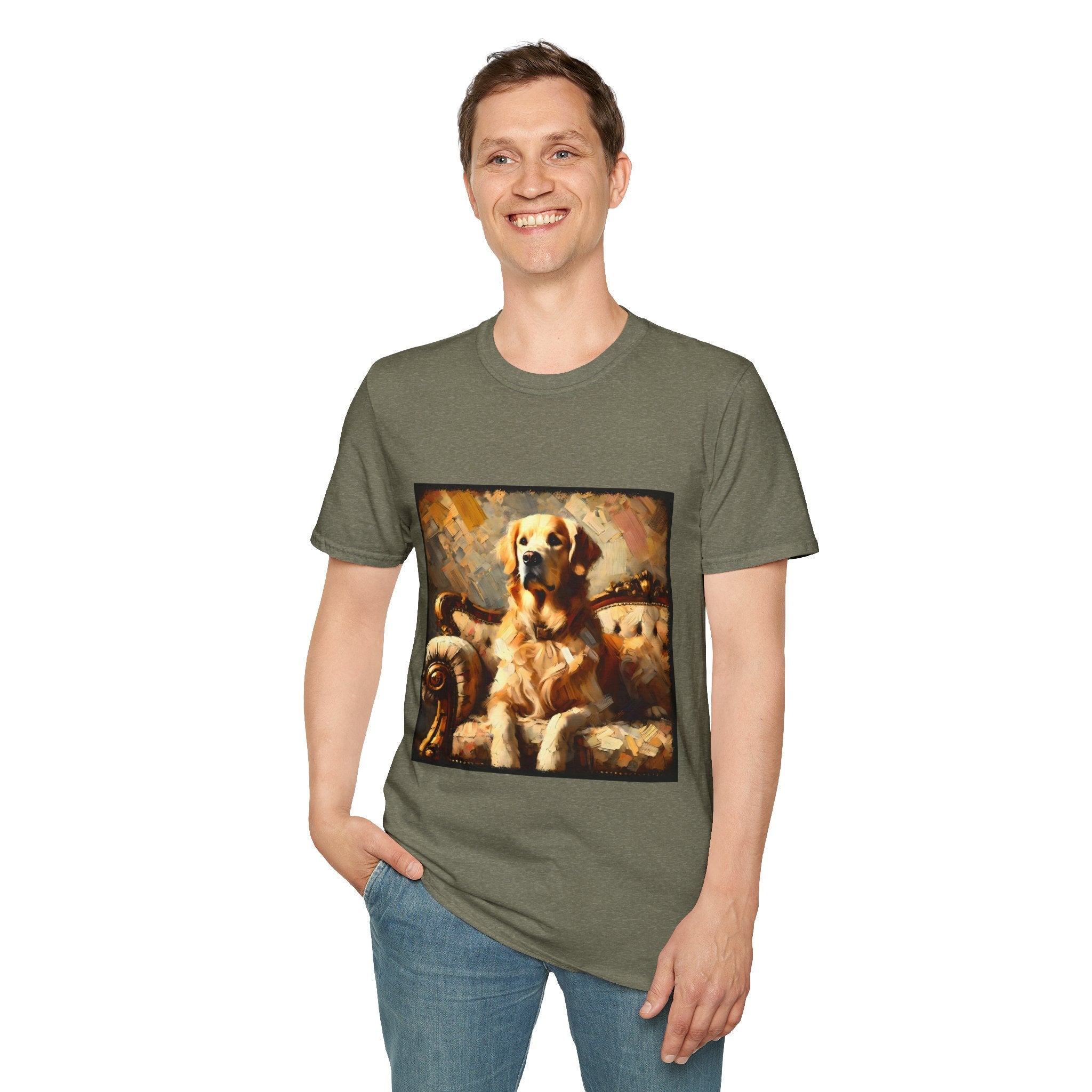 Male model in heather military green dog t-shirt with golden retriever on ornate couch, painted in rich textured brushstrokes.