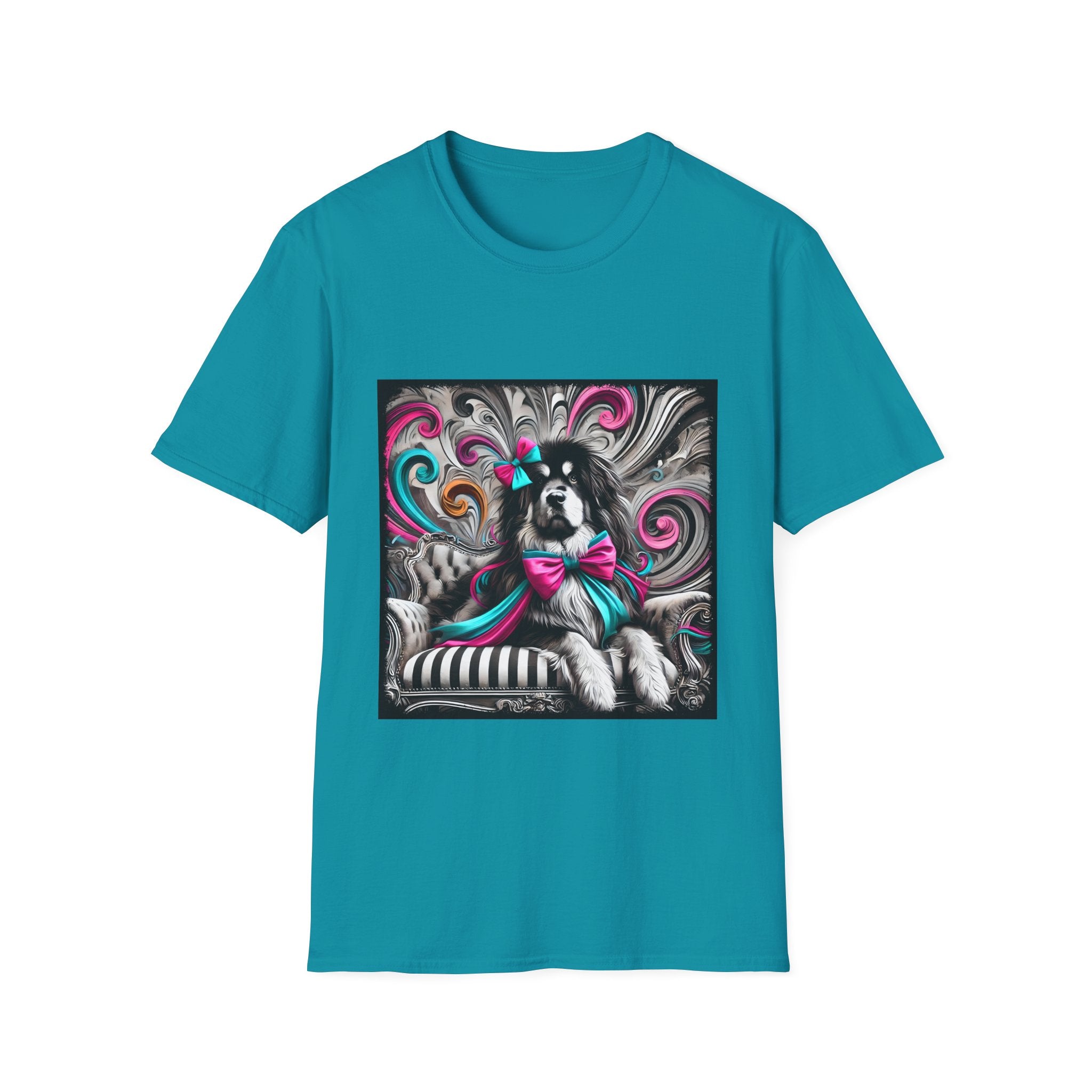 Tibetan Mastiff B&W Pink and Teal Bow | Unisex Dog T-Shirt