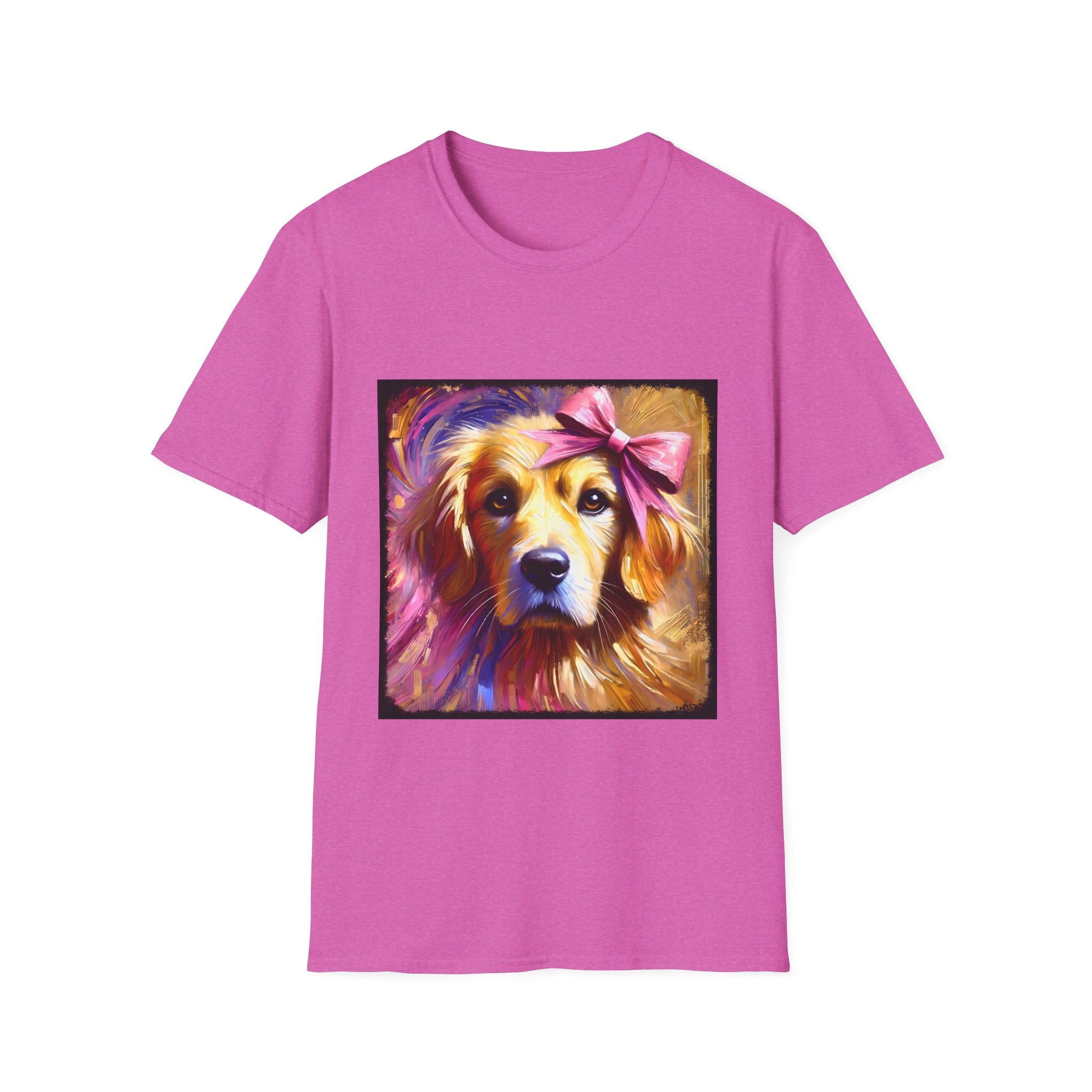 Orchid pink dog t-shirt featuring golden retriever with pink bow on head, bold brushstroke background in pinks.