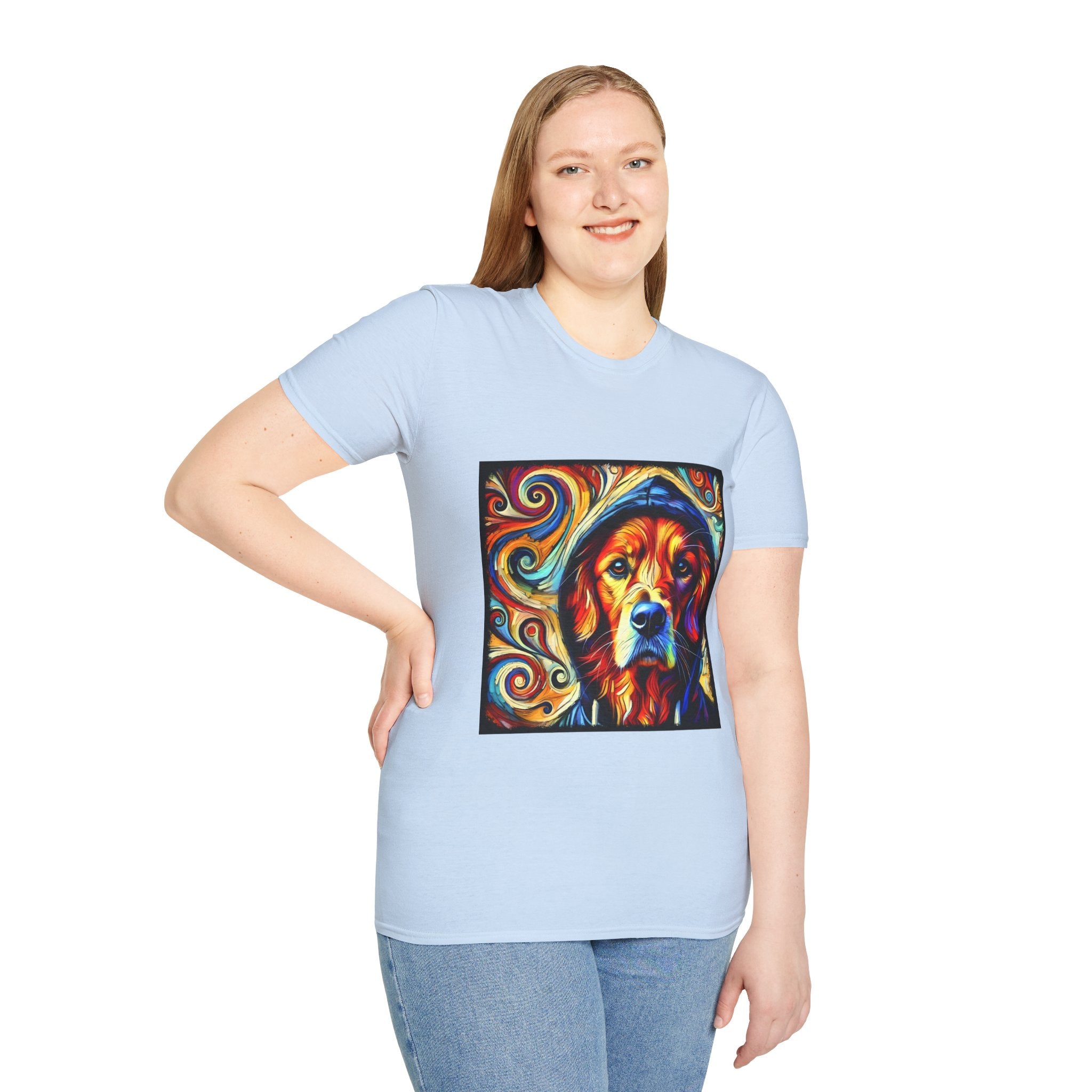 Female model in light blue dog t-shirt with golden retriever in blue hoodie, bold swirls in red, orange, and teal behind.