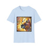 Light blue dog t-shirt featuring a golden retriever with swirling brushstroke-style yellow-orange background.