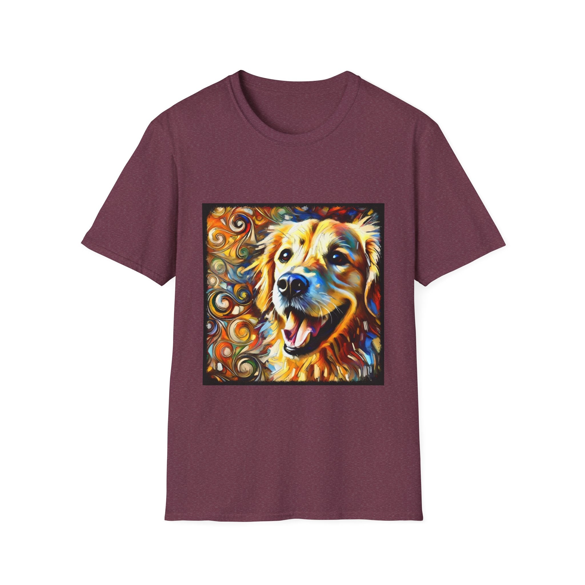 Heather maroon dog t-shirt featuring smiling golden retriever portrait with bold swirls in orange, gold, and blue.