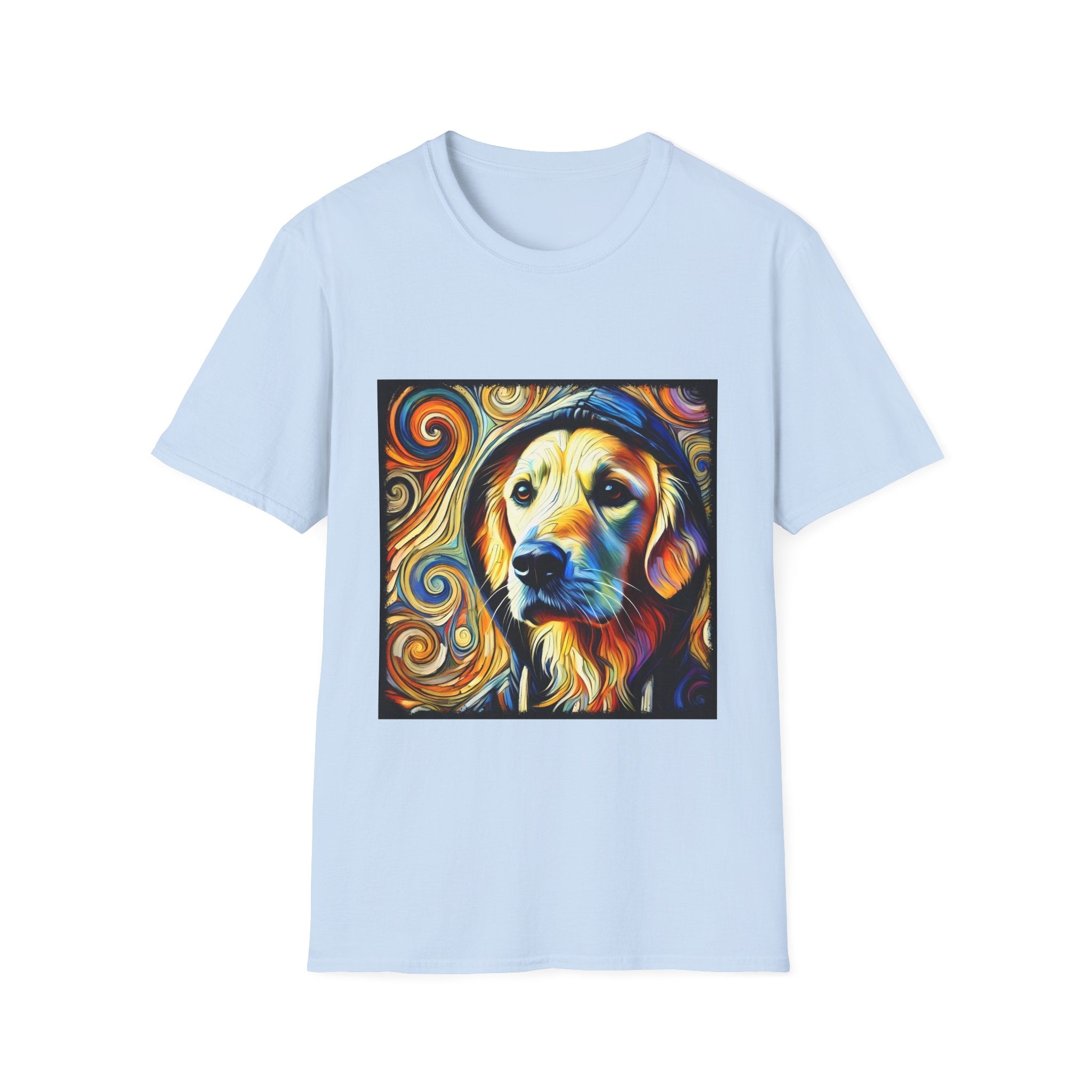 Light blue dog t-shirt with golden retriever in hoodie, swirled background in orange, yellow, and teal tones.