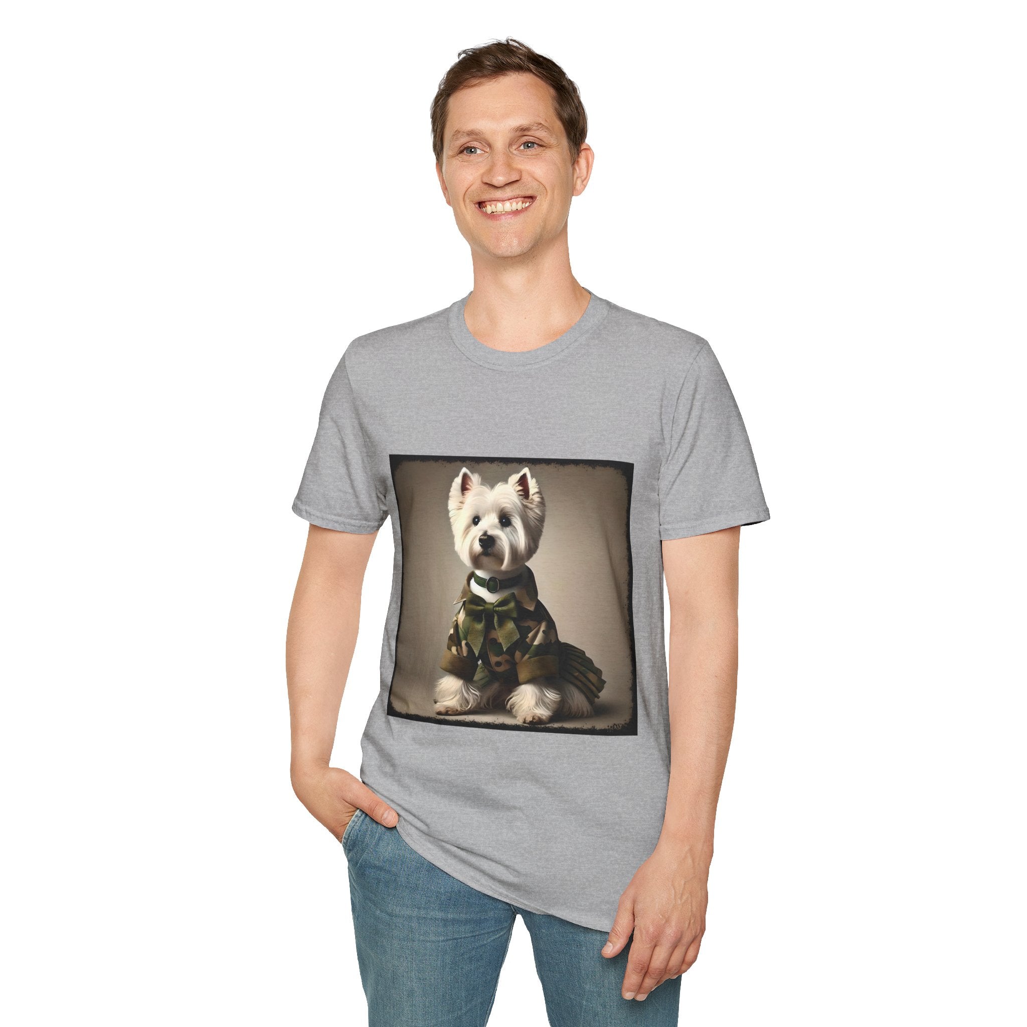 Male model in sport gray dog t-shirt featuring Westie in camouflage jacket and pleated skirt against neutral backdrop.