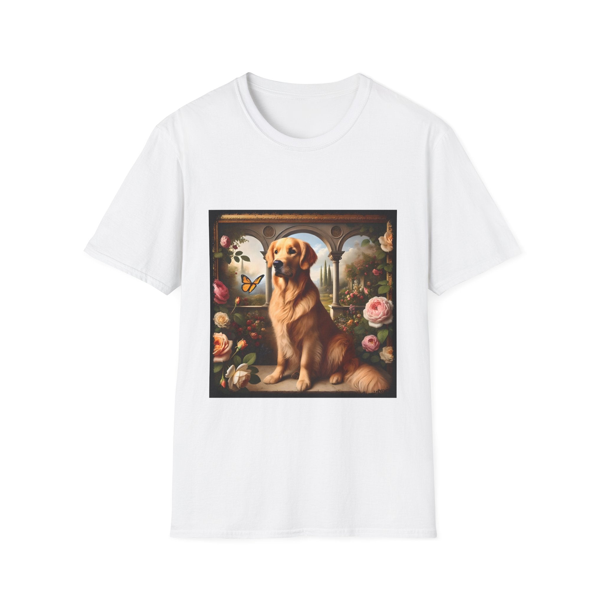 White dog t-shirt featuring golden retriever in garden scene with roses, archway, and butterfly.