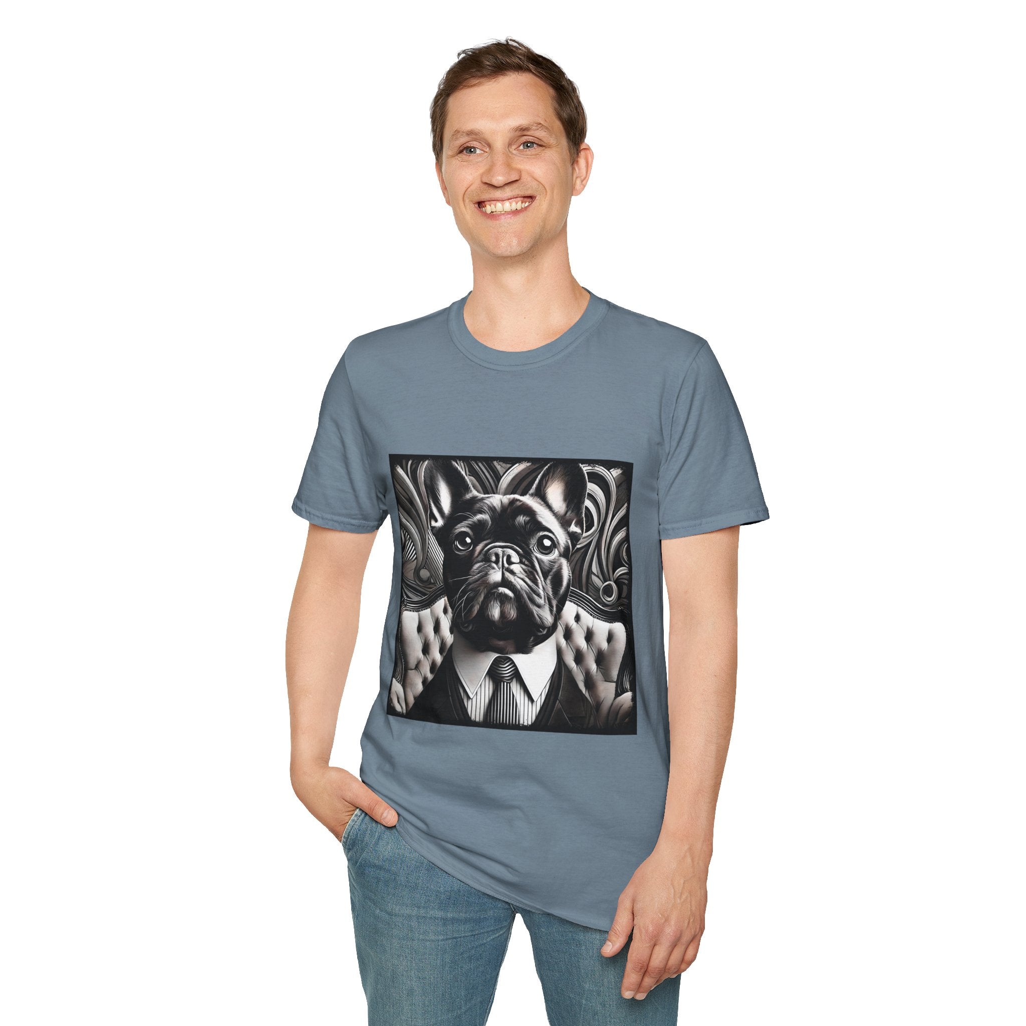 Male model in stone blue dog t-shirt featuring black French Bulldog in suit with swirl background, monochrome style.