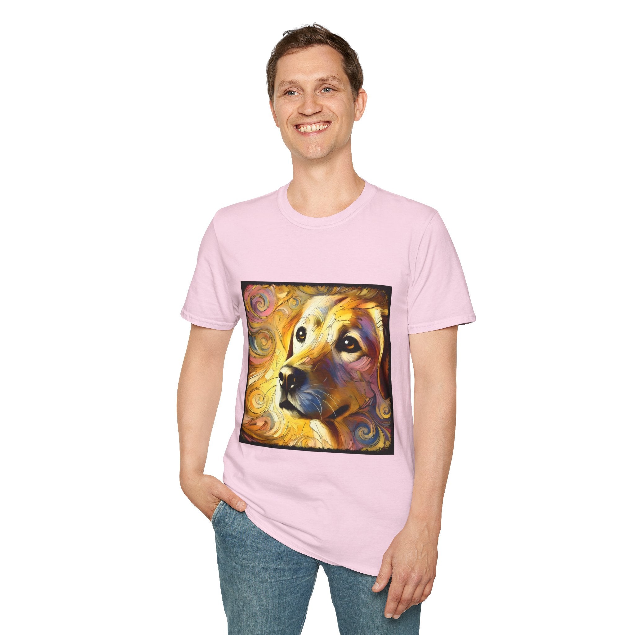 Male model wears light pink dog t-shirt featuring a golden retriever with swirling brushstroke-style yellow-orange background.