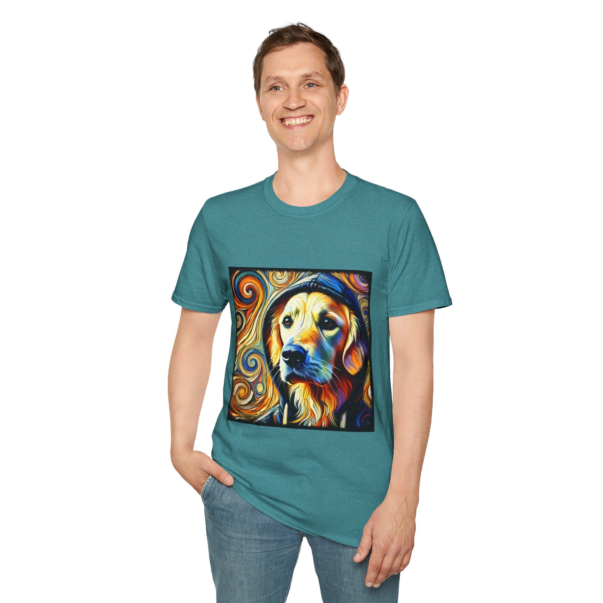 Male standing in teal dog t-shirt with golden retriever in hoodie, swirled background in orange, yellow, and teal tones.