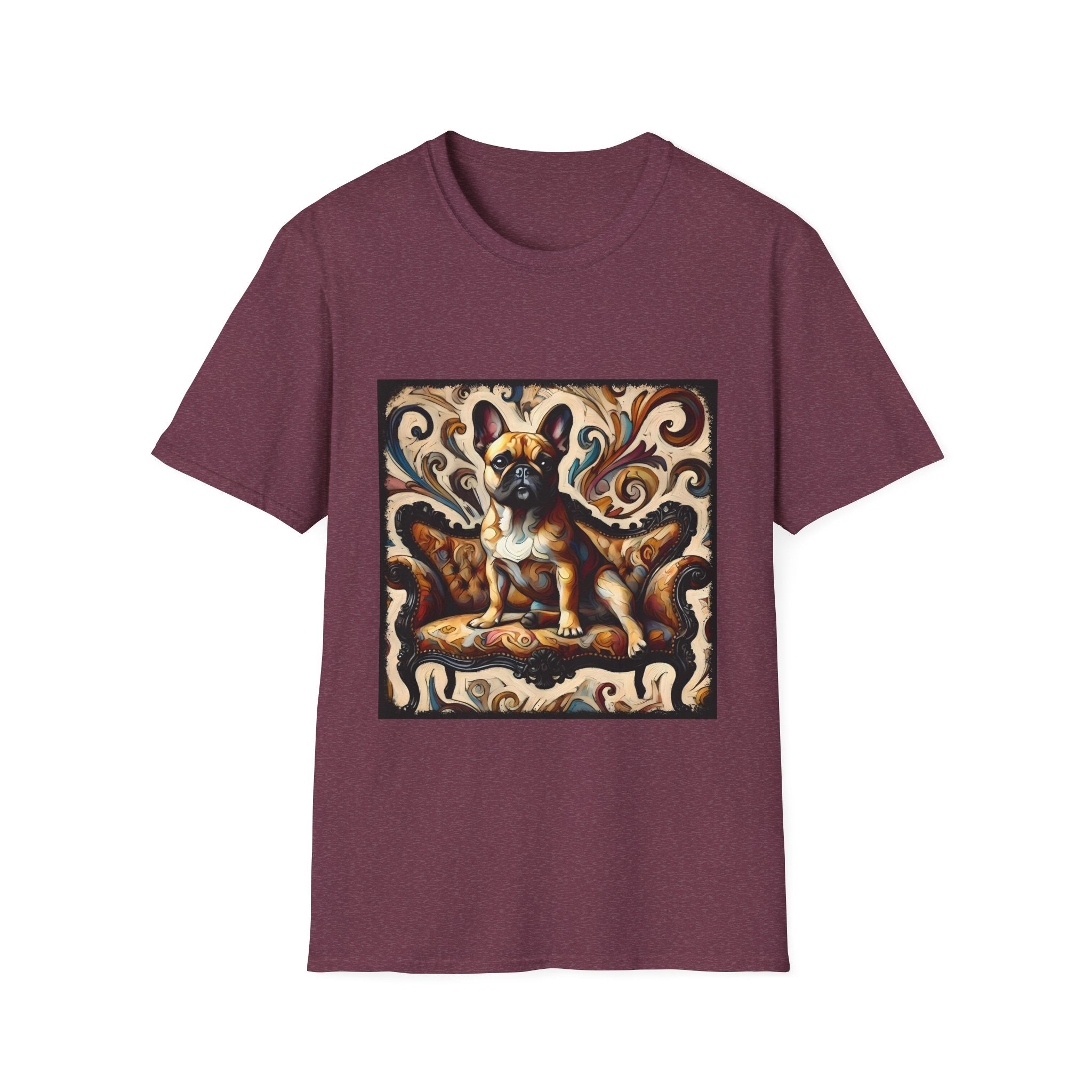 Heather maroon t-shirt featuring fawn French Bulldog on ornate amber and black settee with rich tan swirl backdrop.