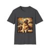 Dark heather dog t-shirt with golden retriever on ornate couch, painted in rich textured brushstrokes.