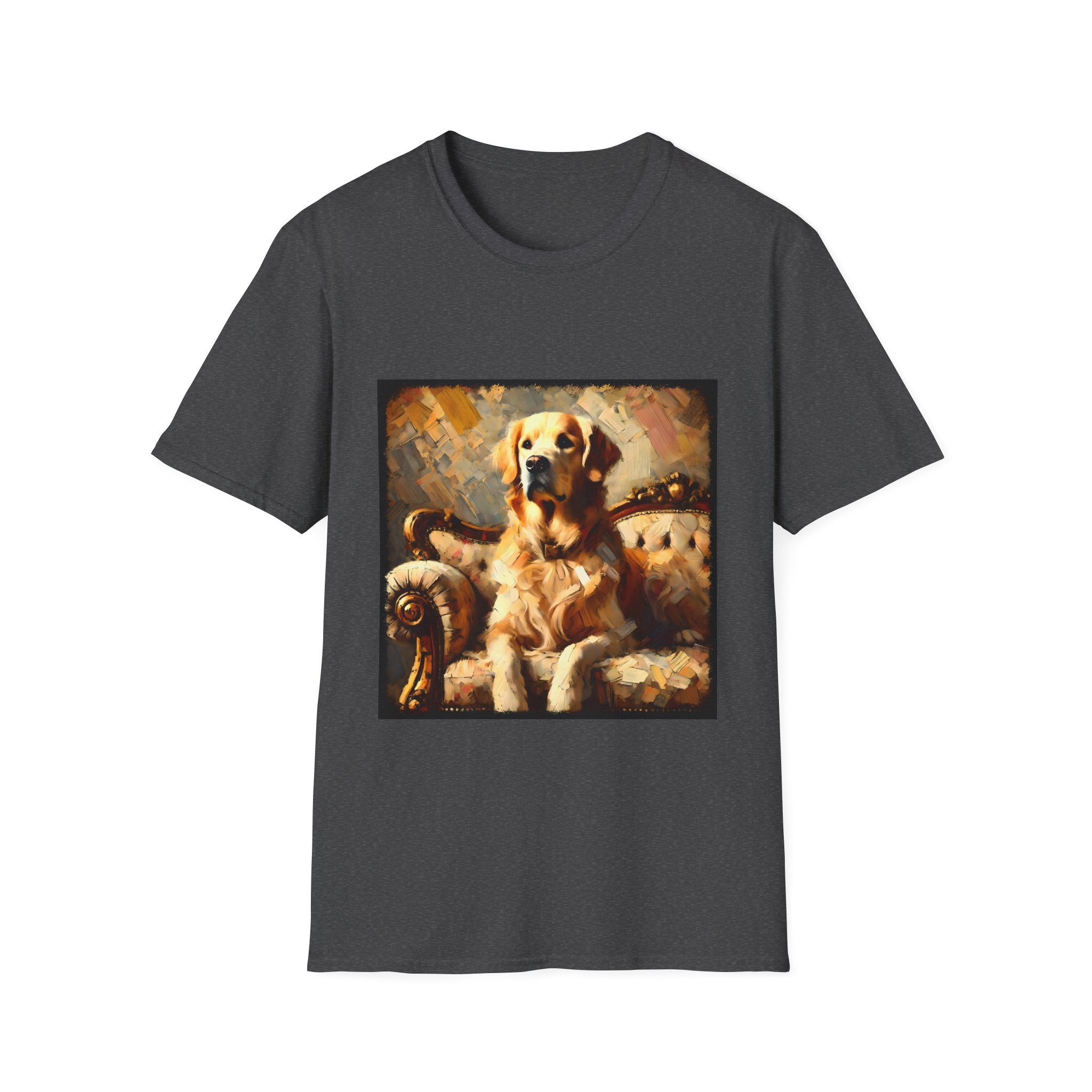 Dark heather dog t-shirt with golden retriever on ornate couch, painted in rich textured brushstrokes.