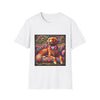 White dog t-shirt with golden retriever in pink bow on vibrant swirl settee with heart details.