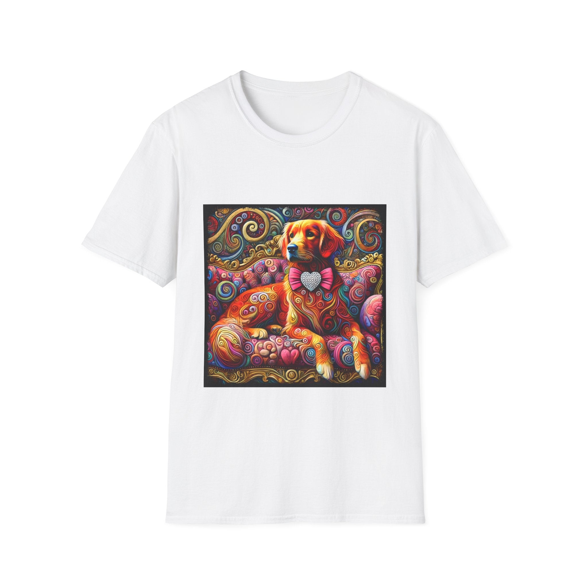 White dog t-shirt with golden retriever in pink bow on vibrant swirl settee with heart details.