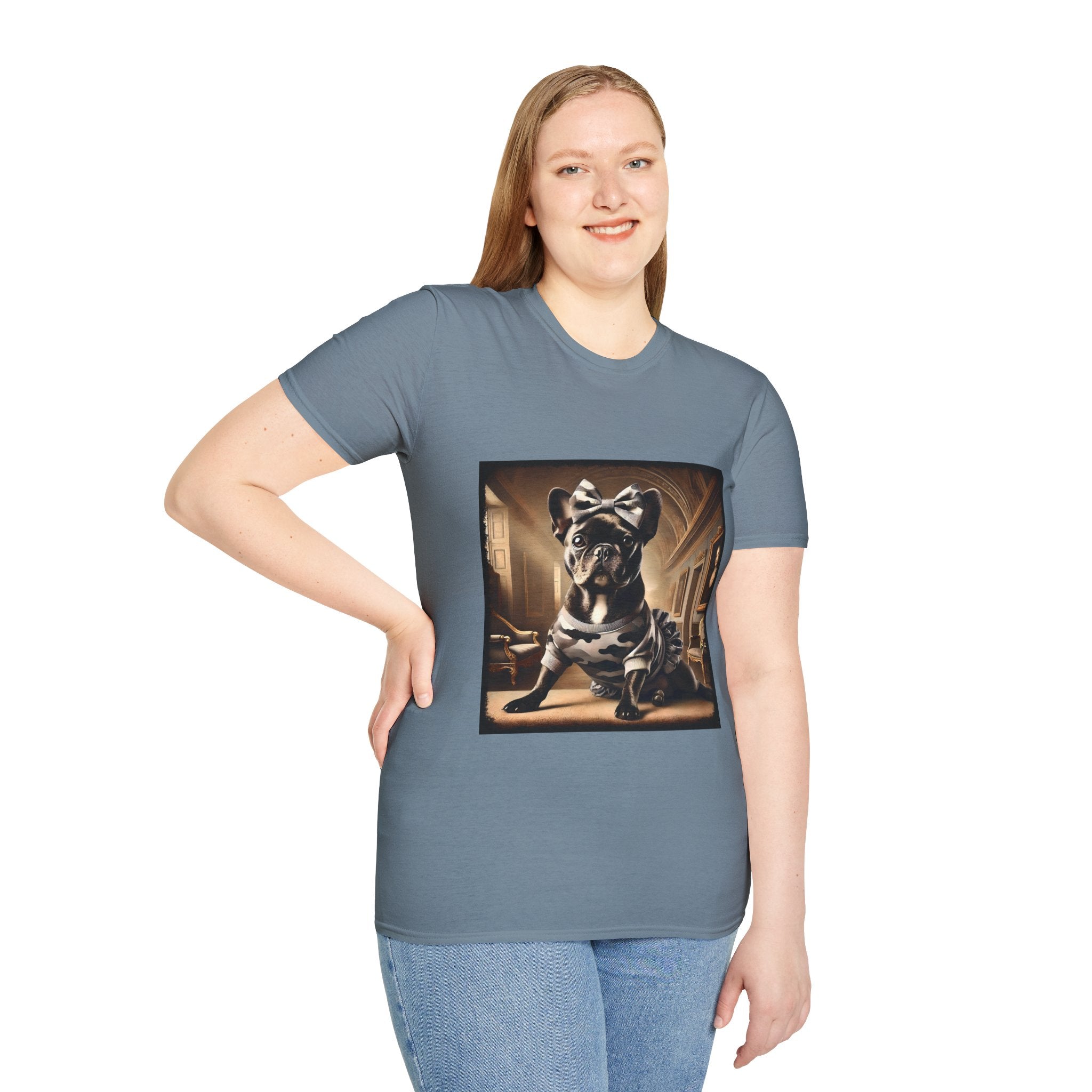 Female model in stone blue dog t-shirt featuring black French Bulldog in camo dress and bow, set in sepia-toned palace hall.